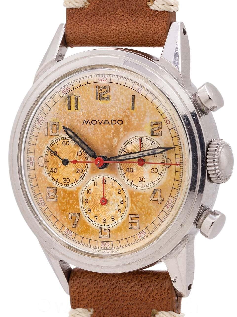 Brand:Movado
Model:Vintage “Sunburst” Chronograph
Gender:Men
Period:1950-1959
Movement:Mechanical hand winding
Case material:Steel
Extras:No Box & No Papers
Type:Chronograph wristwatch
Shipped Insured:Yes
Condition:In working condition with visible