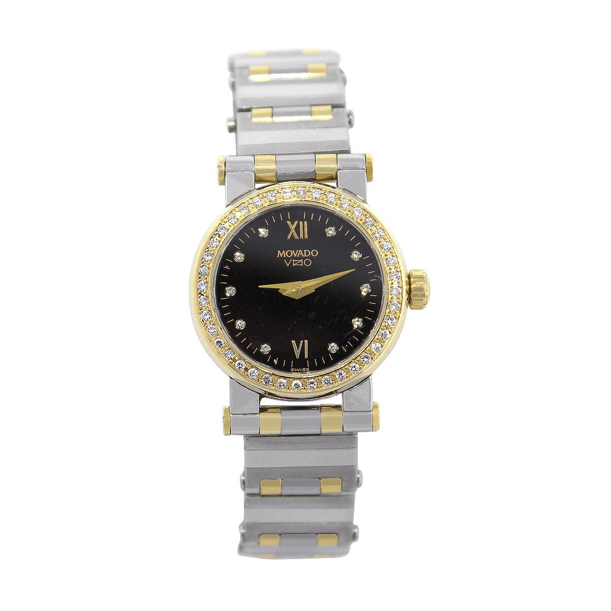 Brand: Movado
MPN: 3310871
Model: Vizio
Case Material: Stainless Steel
Case Diameter: 24mm
Crystal: scratch resistant sapphire
Bezel: yellow gold channel set diamond bezel
Dial: Black dial with yellow hold roman numerals, hands and diamond
