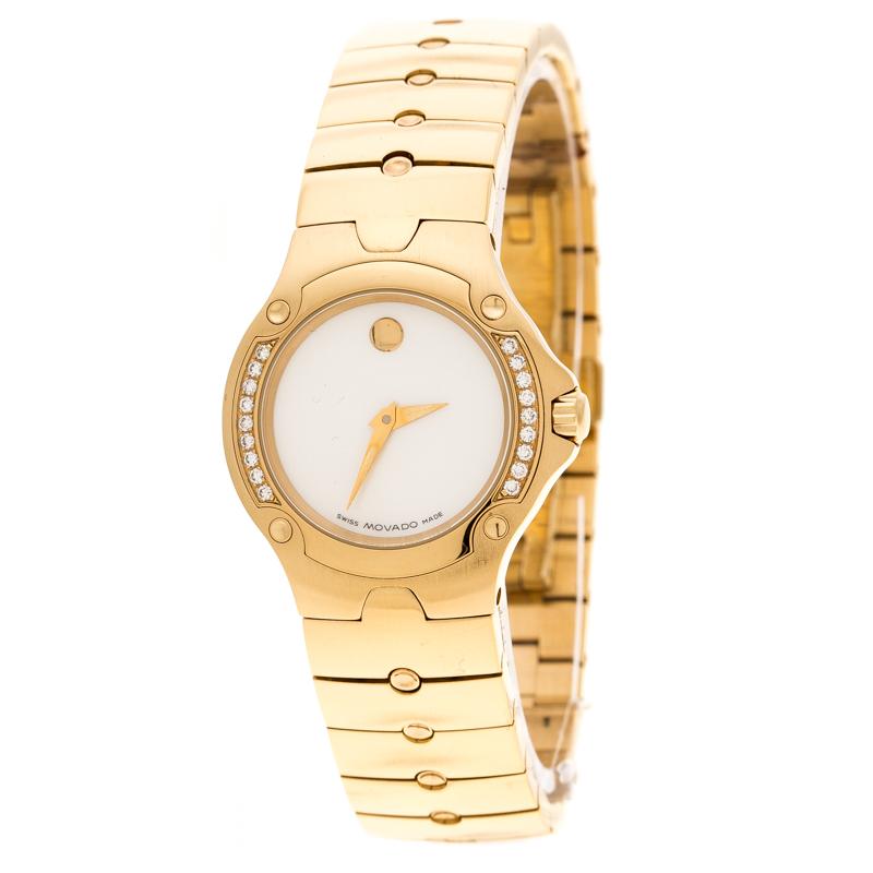 Movado White Mother of Pearl Yellow Gold Plated Steel Diamonds Sports Edition 88