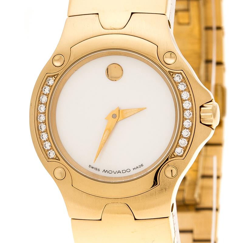 Contemporary Movado White Mother of Pearl Yellow Gold Plated Steel Diamonds  Wristwatch 27 mm
