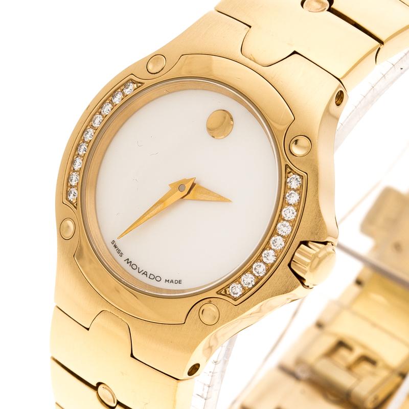 Women's Movado White Mother of Pearl Yellow Gold Plated Steel Diamonds  Wristwatch 27 mm