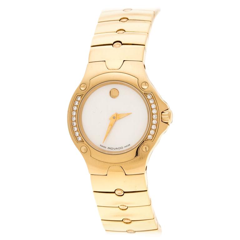 Movado White Mother of Pearl Yellow Gold Plated Steel Diamonds  Wristwatch 27 mm