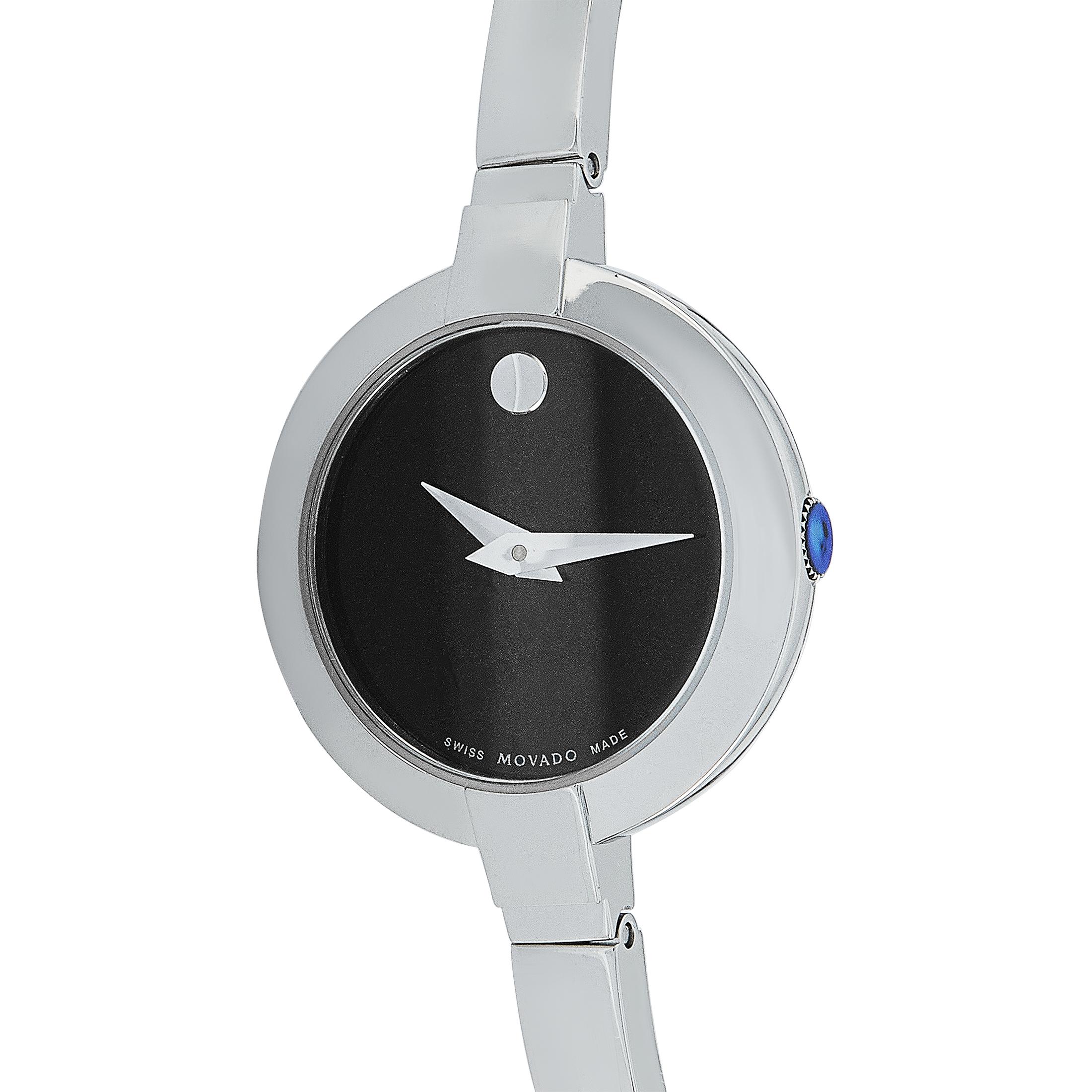 The Movado Bela watch, reference number 0606595, is a member of the elegant “Bela” collection.

The watch comes with a 25 mm stainless steel case that is presented on a matching stainless steel bangle bracelet. This model is powered by a quartz