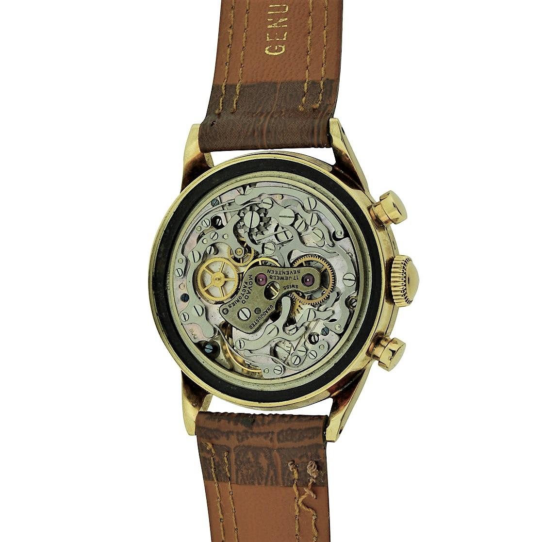Women's or Men's Movado Yellow Gold Art Deco Triple Register Chronograph Manual Watch For Sale