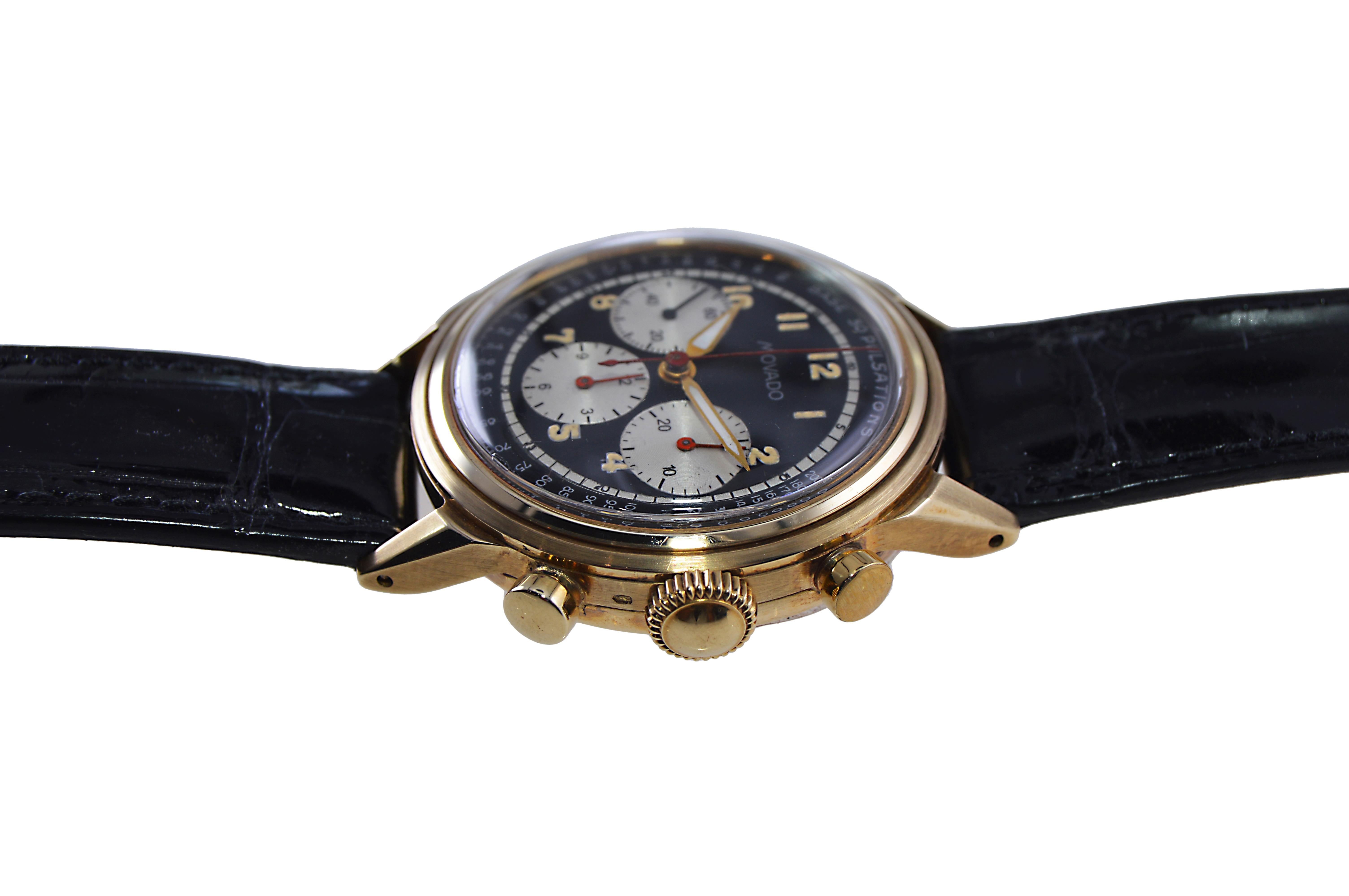 Women's or Men's Movado Yellow Gold Art Deco Triple Register Chronograph Manual Watch For Sale