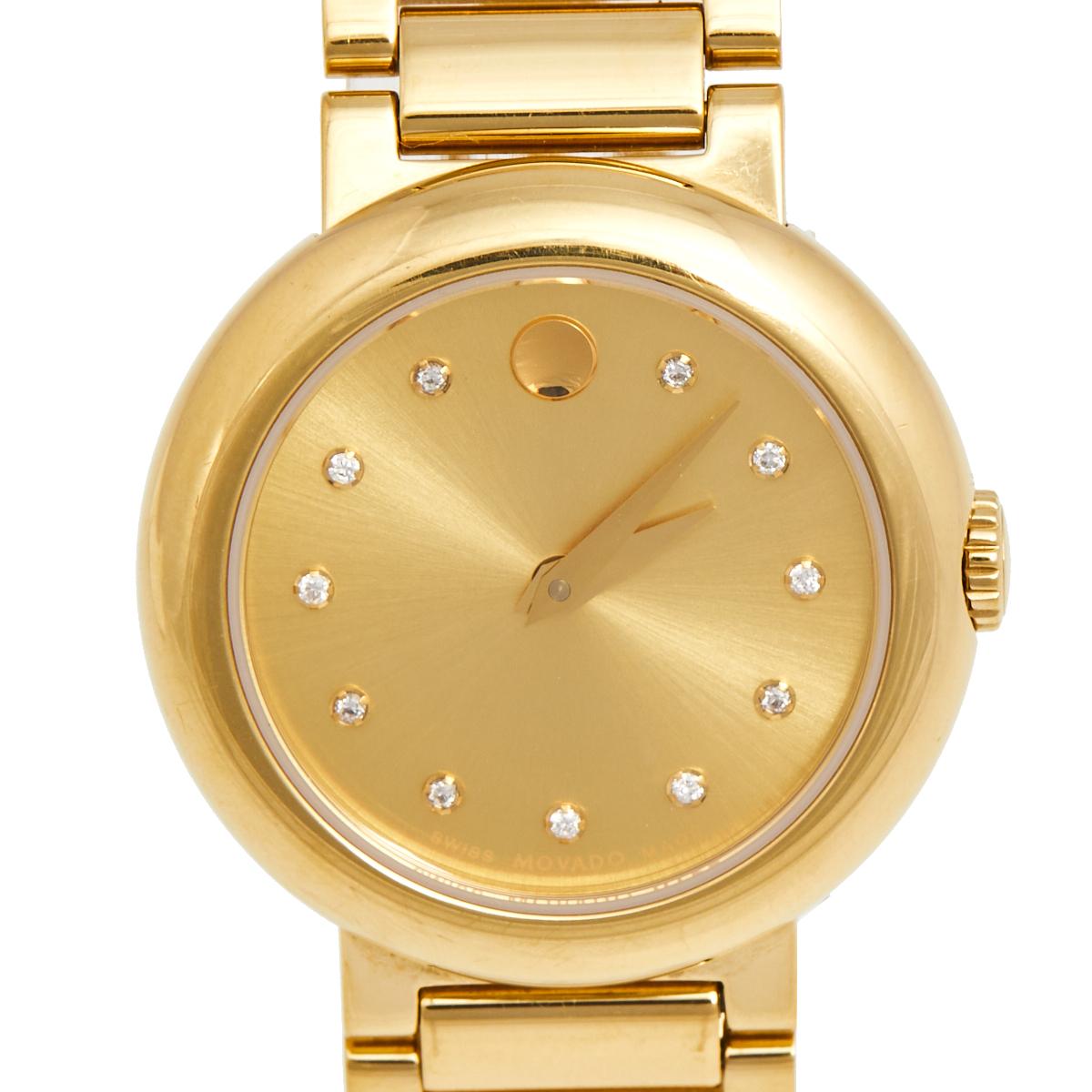 Built to assist you every day, this Movado wristwatch comes made from gold-plated stainless steel. The quartz watch features a yellow dial with diamond stud hour markers, two hands, and the signature Movado dot at 12 o'clock. It is water-resistant