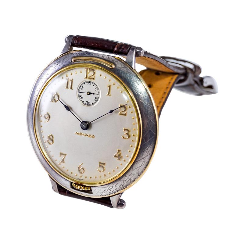Art Deco Movado Yellow Gold Sterling Silver Oversized Manual Winding Watch For Sale