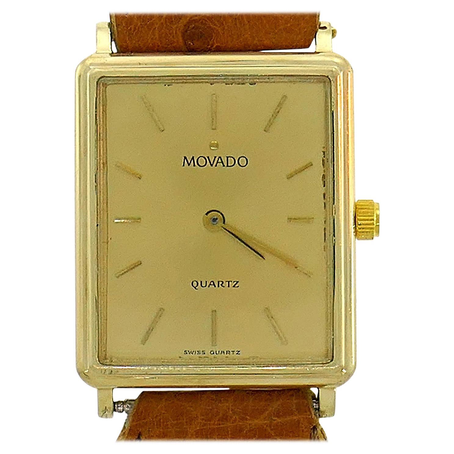 Movado Yellow Gold Wristwatch Leather Strap For Sale