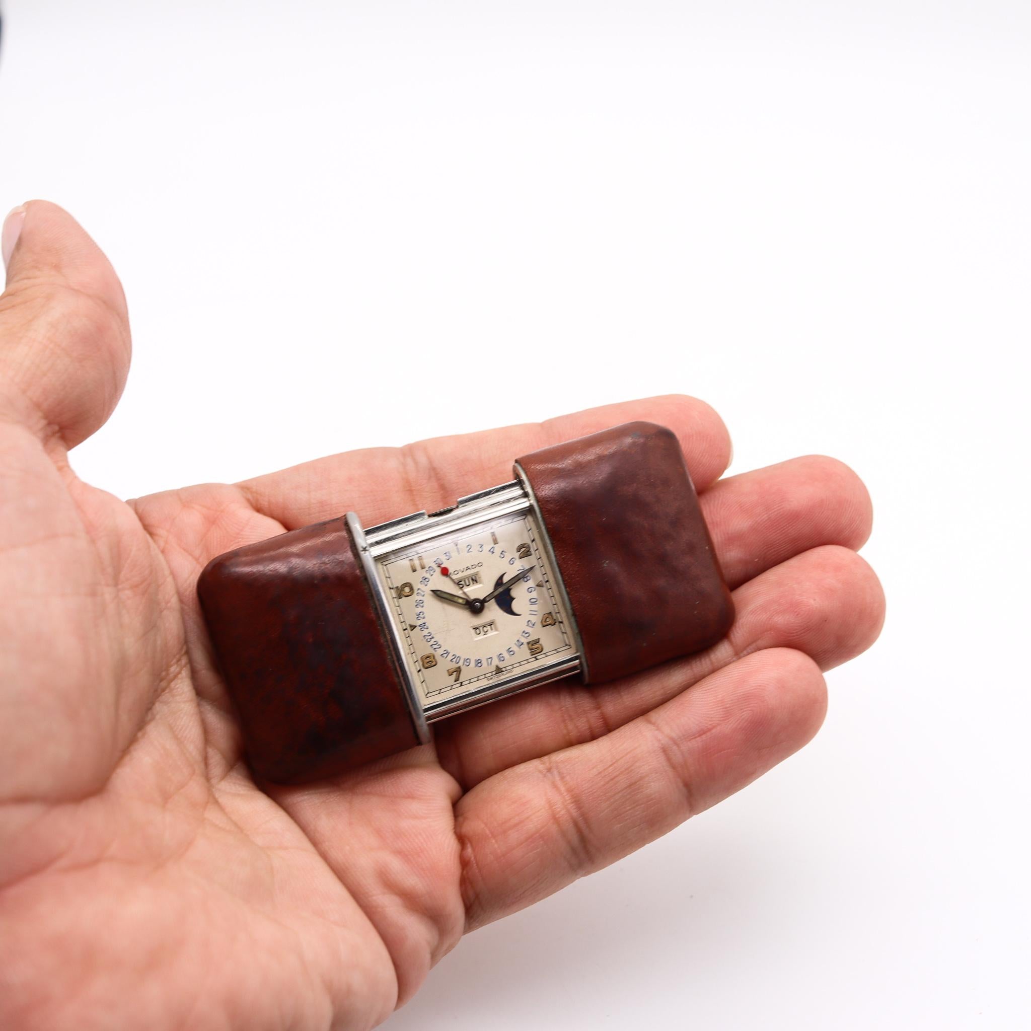 Mid-Century Modern Movado1948 Calendermeto Triple Date & Moonphase Travel Purse Clock With Leather For Sale