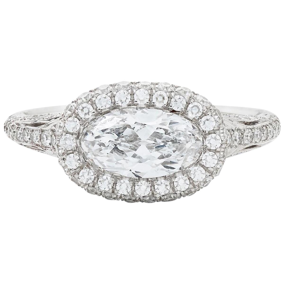 Neil Lane Couture Moval-Shaped Diamond, Platinum Engagement Ring For Sale