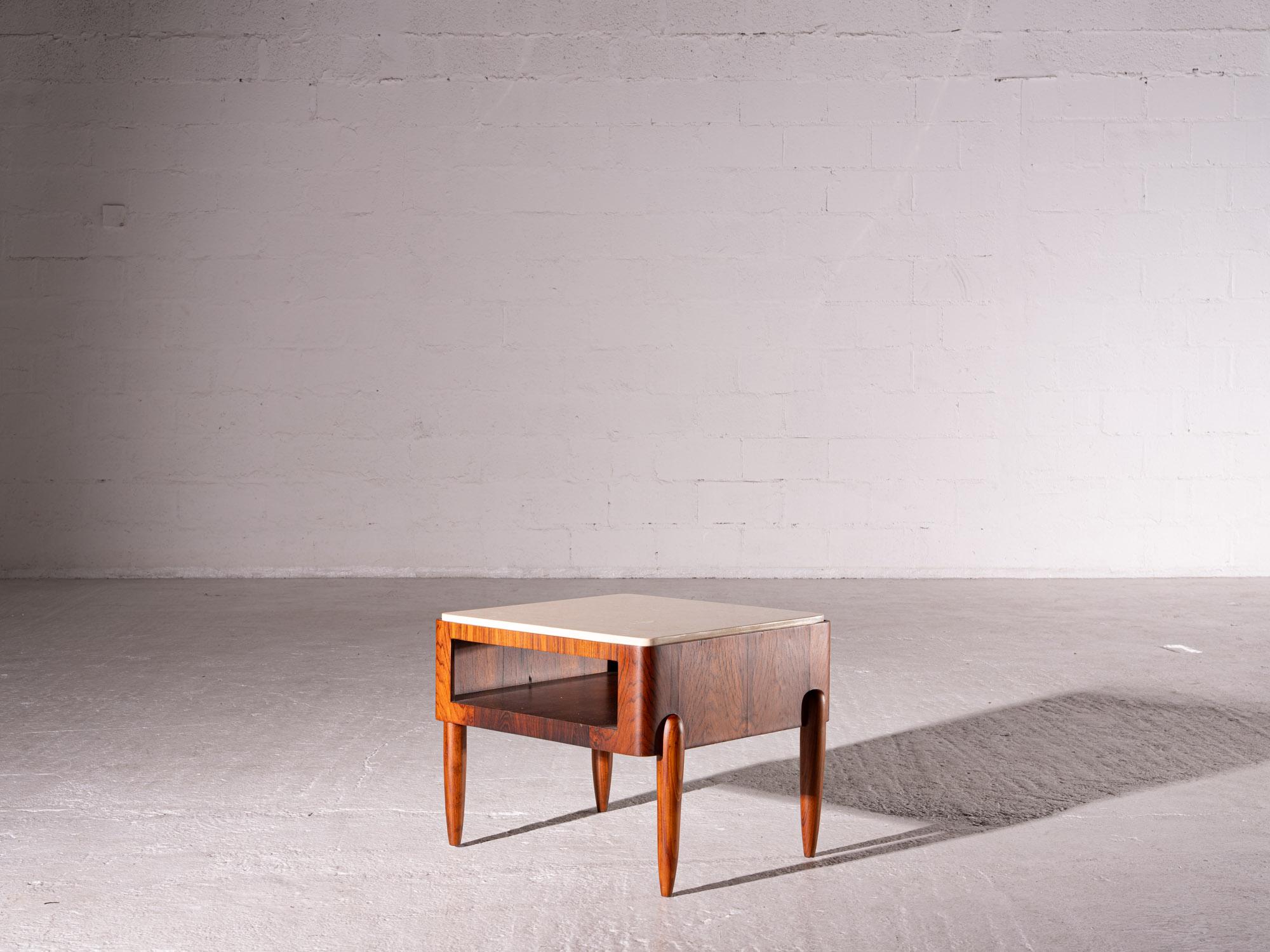 Mid-Century Modern Moveis Bertomeu. Square side table. Solid wood, wood and marble. c. 1960 For Sale
