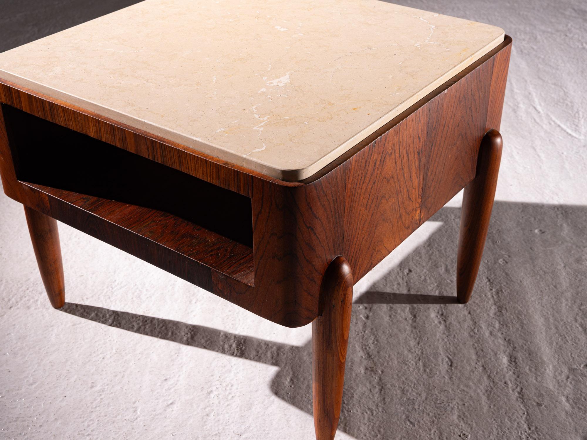 Moveis Bertomeu. Square side table. Solid wood, wood and marble. c. 1960 In Good Condition For Sale In PARIS, FR
