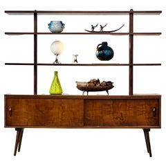 Móveis Cimo, Brazil, 1960 Walnut Shelving, Sliding Doors, Four Shelves