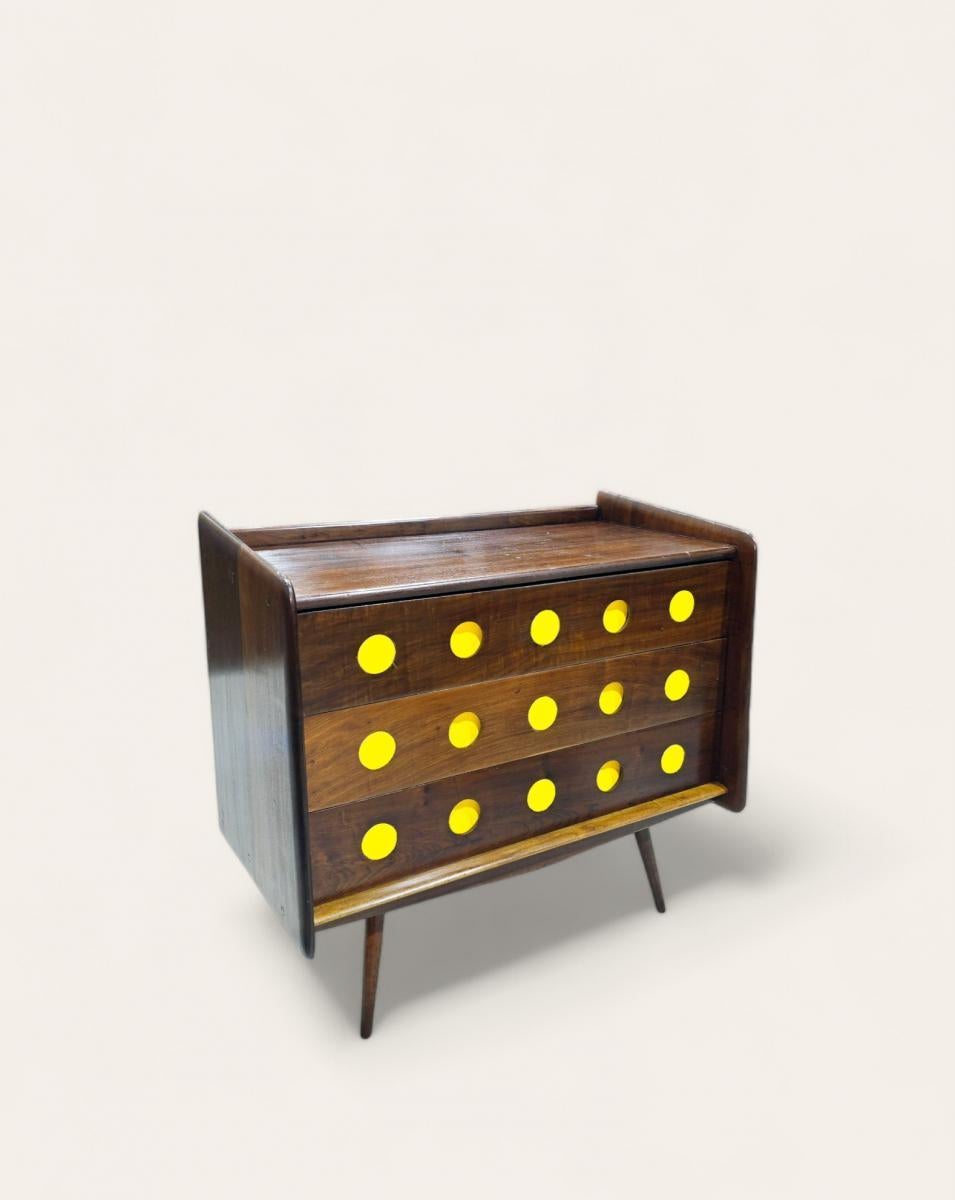 Striking vintage commode from the 1960's by Moveis Cimo made with solid Brazilian Imbuia wood and contrasting bright yellow leather dots on the front. A unique and very recognizable signature design in the canon of Brazilian Modernist Design. 