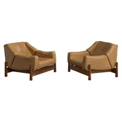 Móveis Cimo, Lounge Chairs, Leather, Wood, Brass, Brazil, 1960s