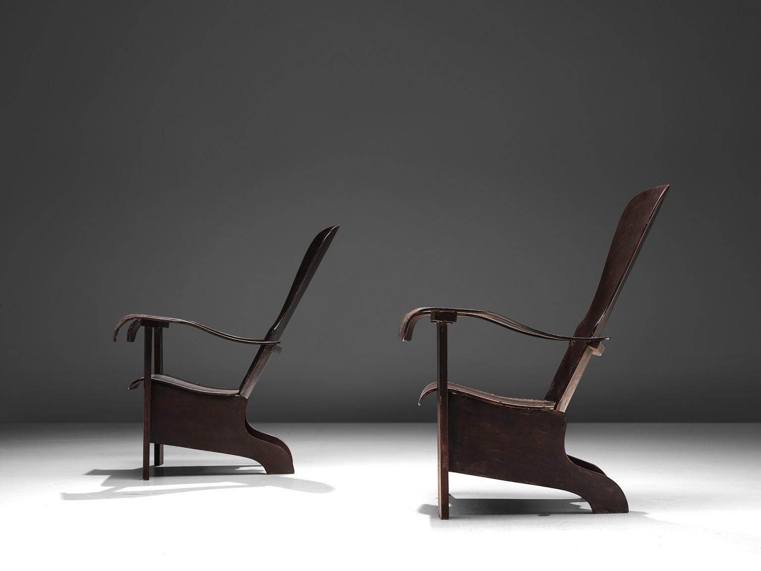 Brazilian Pair of Lounge Chairs in Dark Laminated Wood by Móveis Cimo 6