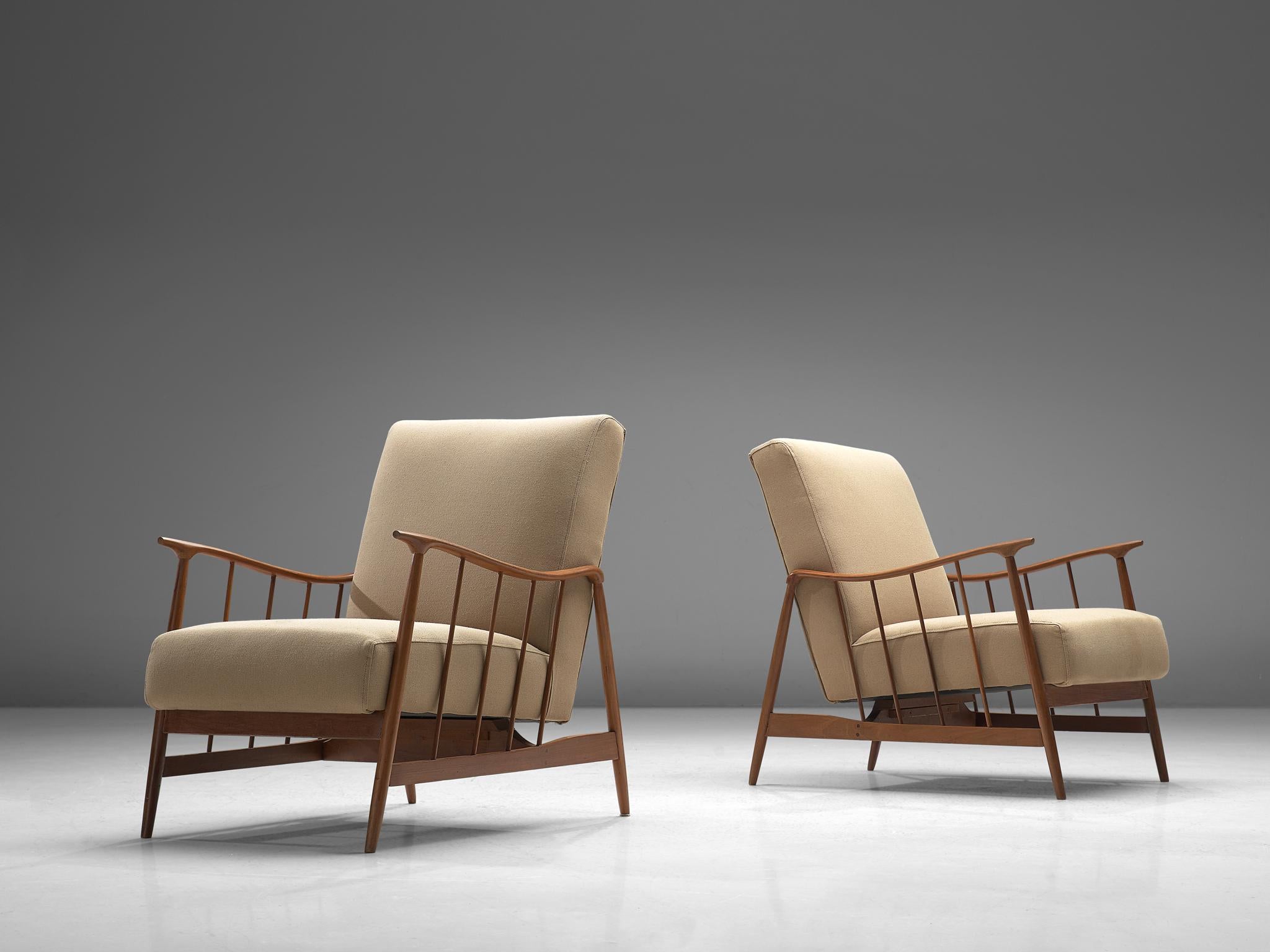 Móveis Cimo, pair of lounge chairs, teak and fabric, Brazil, 1960s

These truly exceptional pair of lounge chairs are designed by the Brazilian company Móveis Cimo. The chairs have an utterly well-balanced construction concealing a great sense of