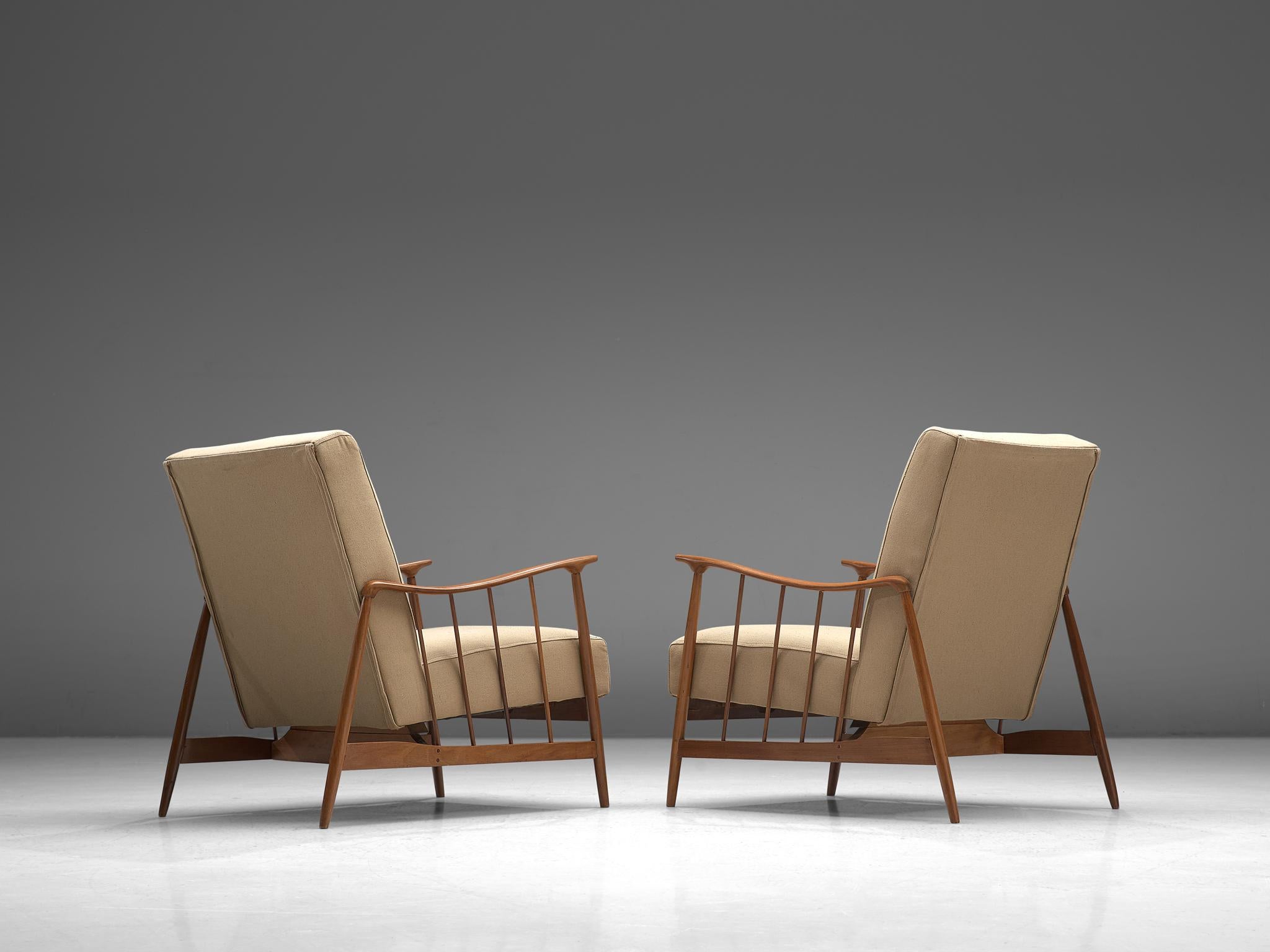 Mid-20th Century Móveis Cimo Pair of Lounge Chairs in Teak and Beige Upholstery