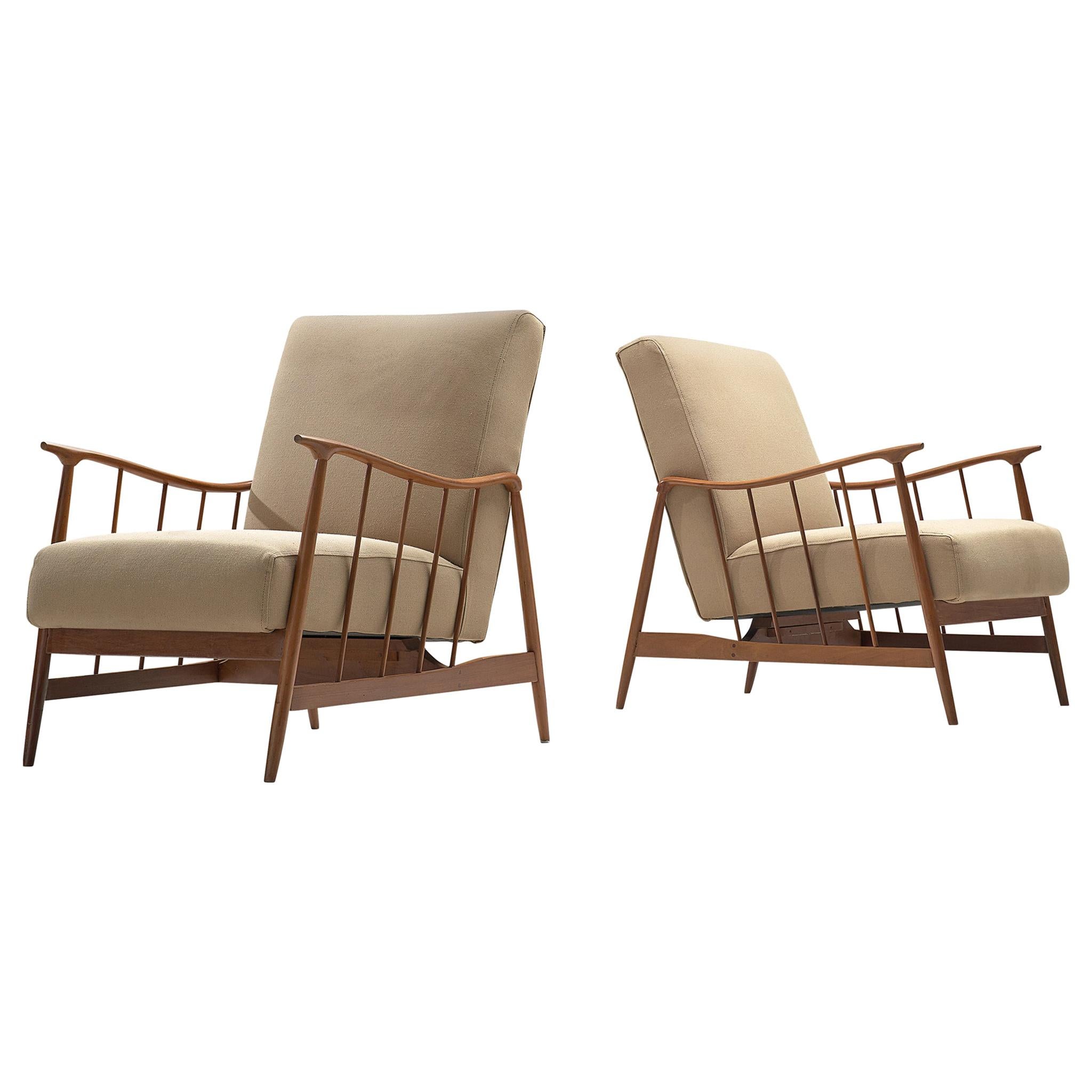 Móveis Cimo Pair of Lounge Chairs in Teak and Beige Upholstery
