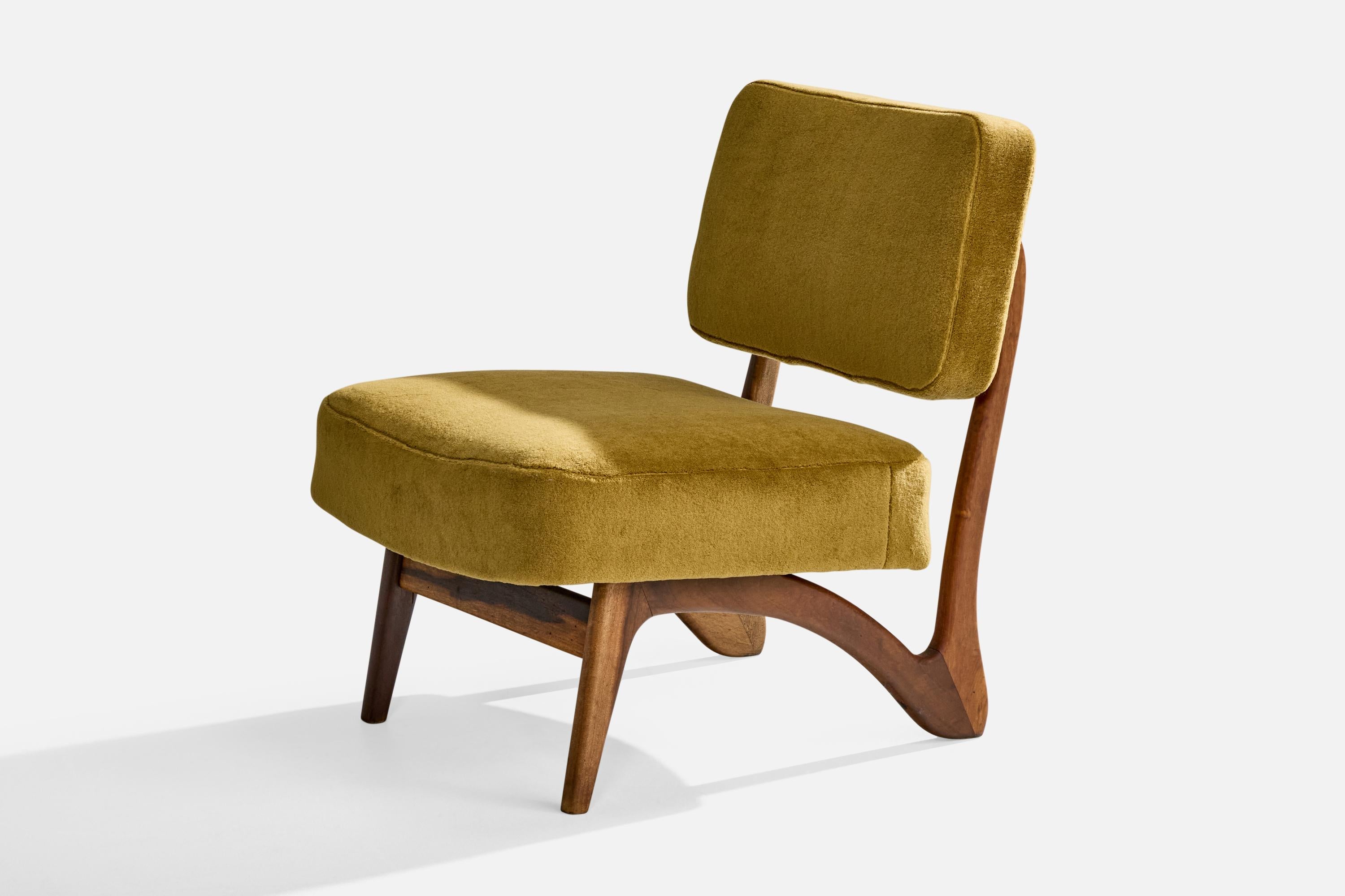 Brazilian Móveis Cimo, Slipper Chair, Wood, Velvet, Brazil, 1960s