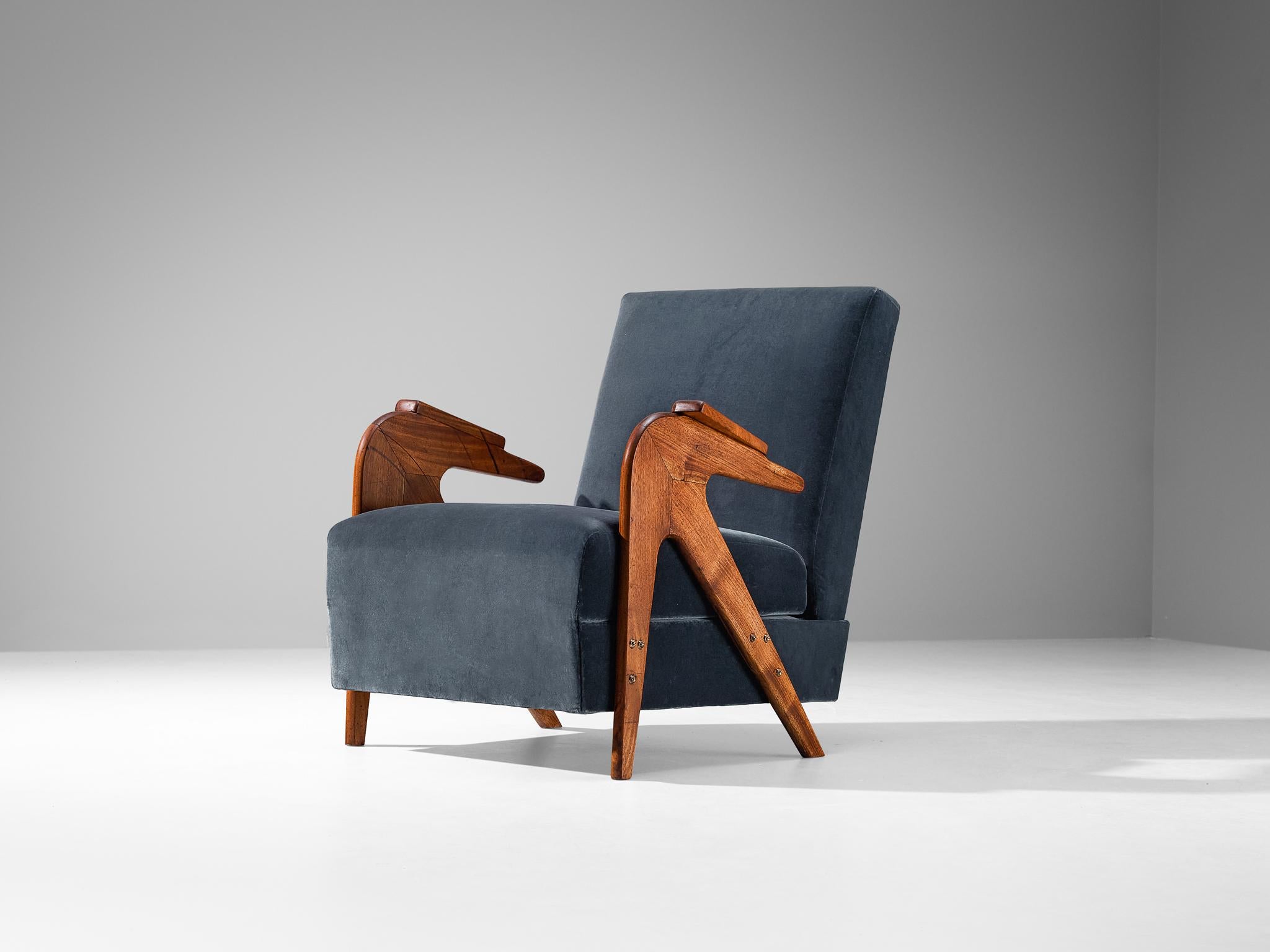 Móveis Drago ‘Novelty’ Armchair in Blue Velvet and Brazilian Hardwood