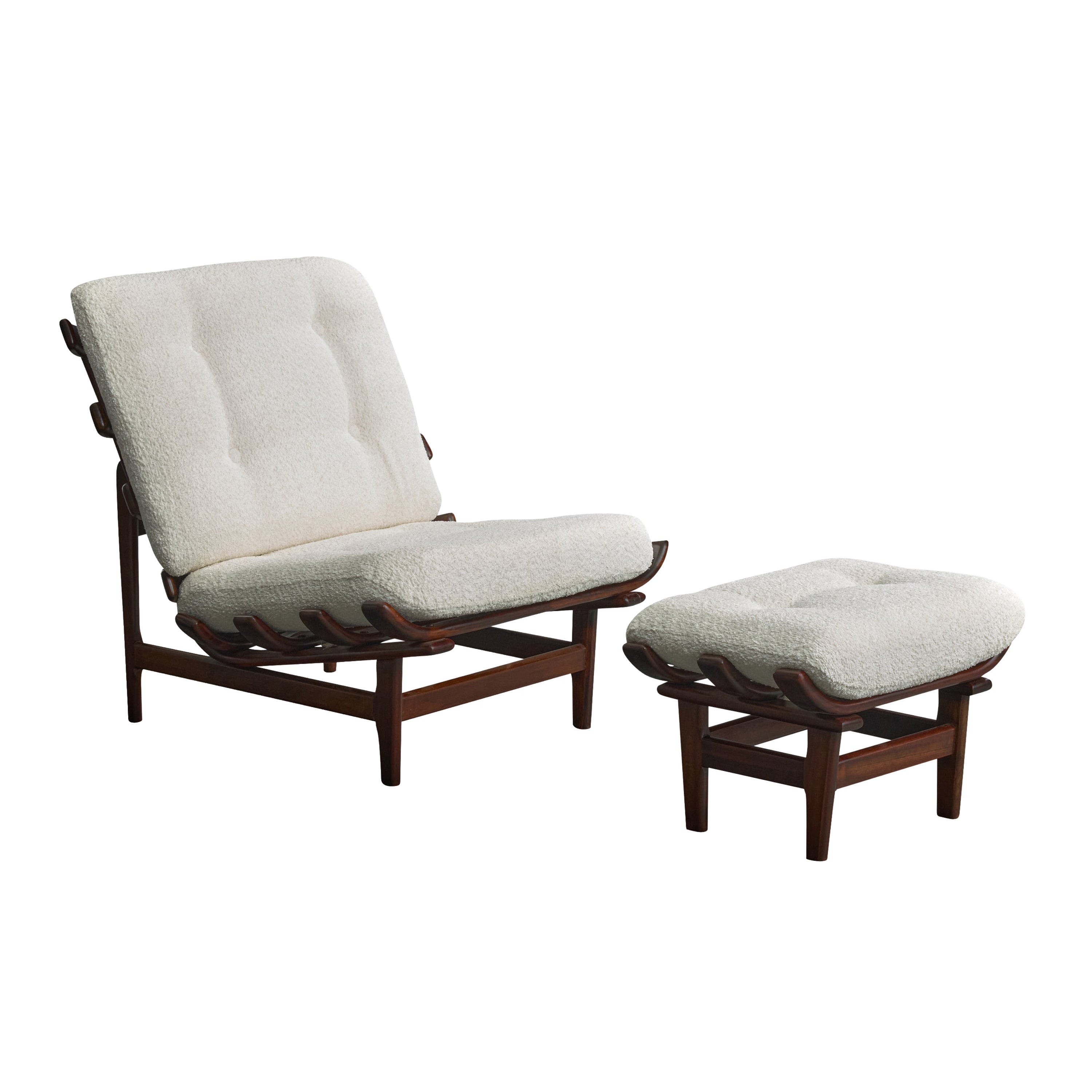 Móveis Pailar, Lounge Chair with Ottoman, Wood, Fabric, Brazil, 1960s