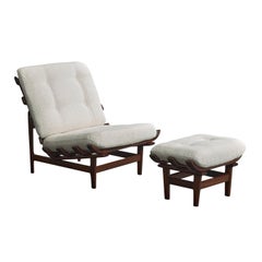 Móveis Pailar, Lounge Chair with Ottoman, Wood, Fabric, Brazil, 1960s