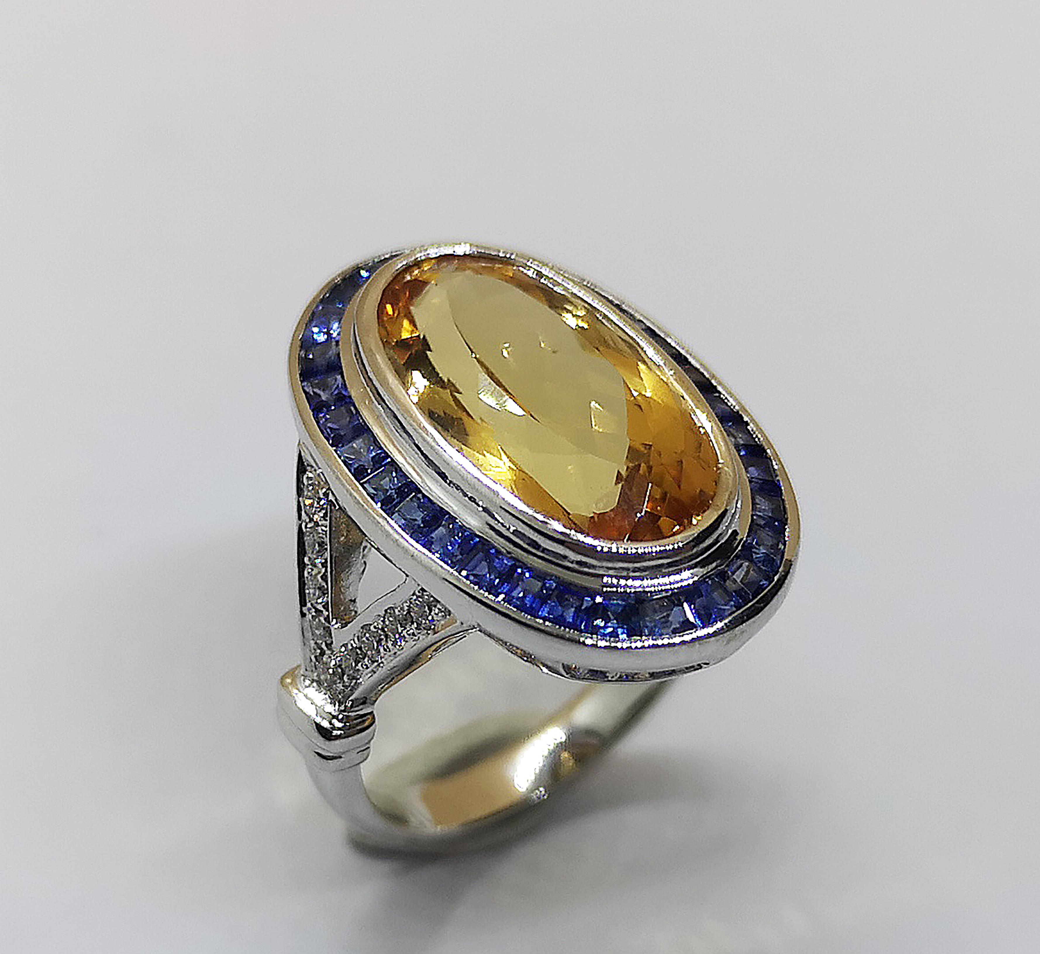Art Deco Movel Shape Imperial Topaz, Blue Sapphire and Diamond Ring in 18k White Gold For Sale