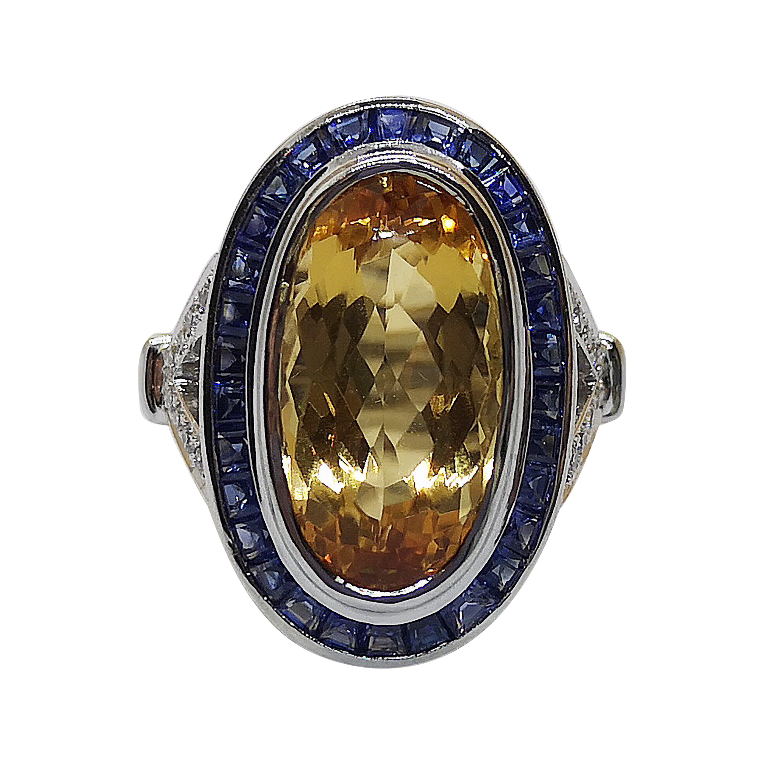 Movel Shape Imperial Topaz, Blue Sapphire and Diamond Ring in 18k White Gold