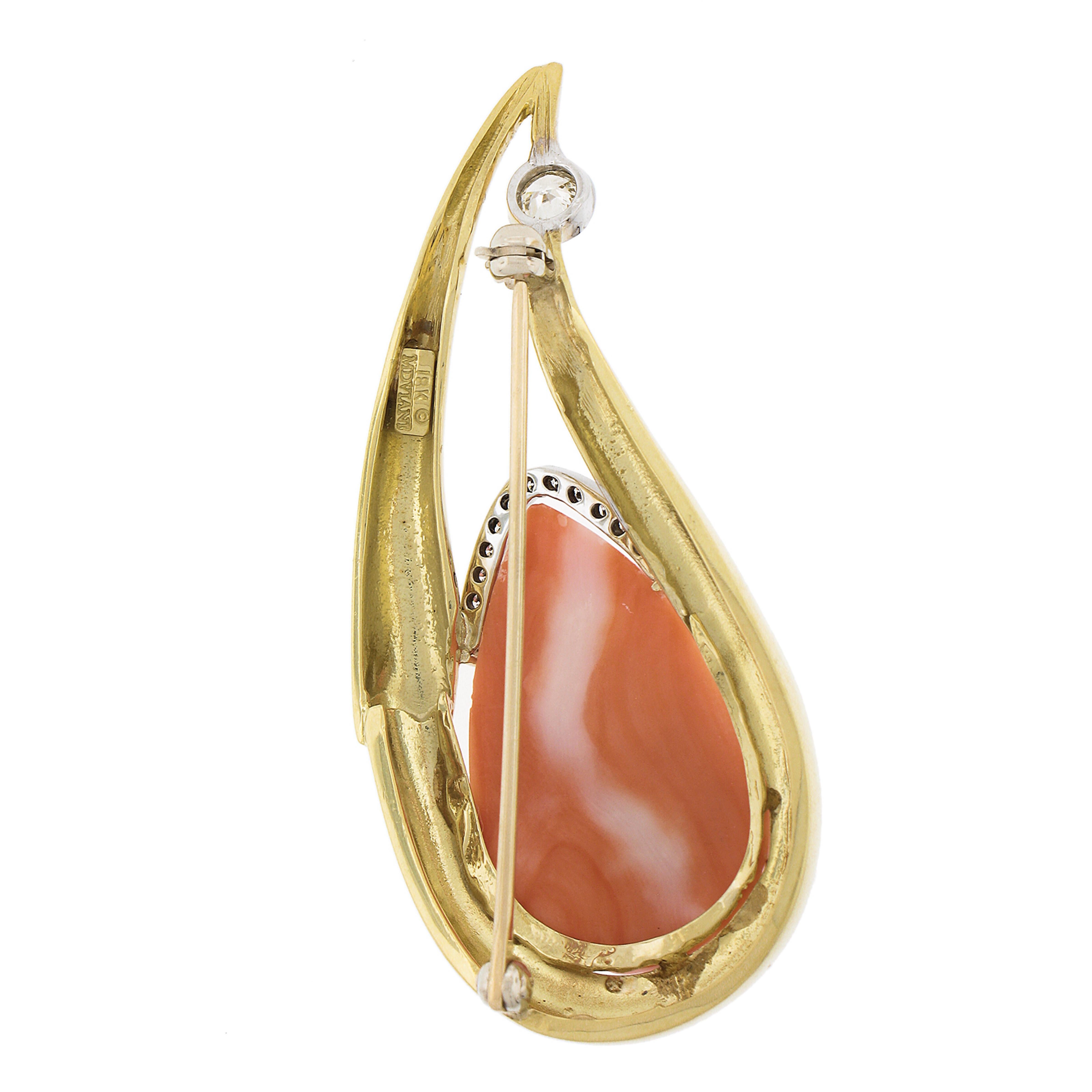 Pear Cut Moviani 18k Yellow Gold Carved Grooved Coral & Diamond Teardrop Shape Pin Brooch For Sale
