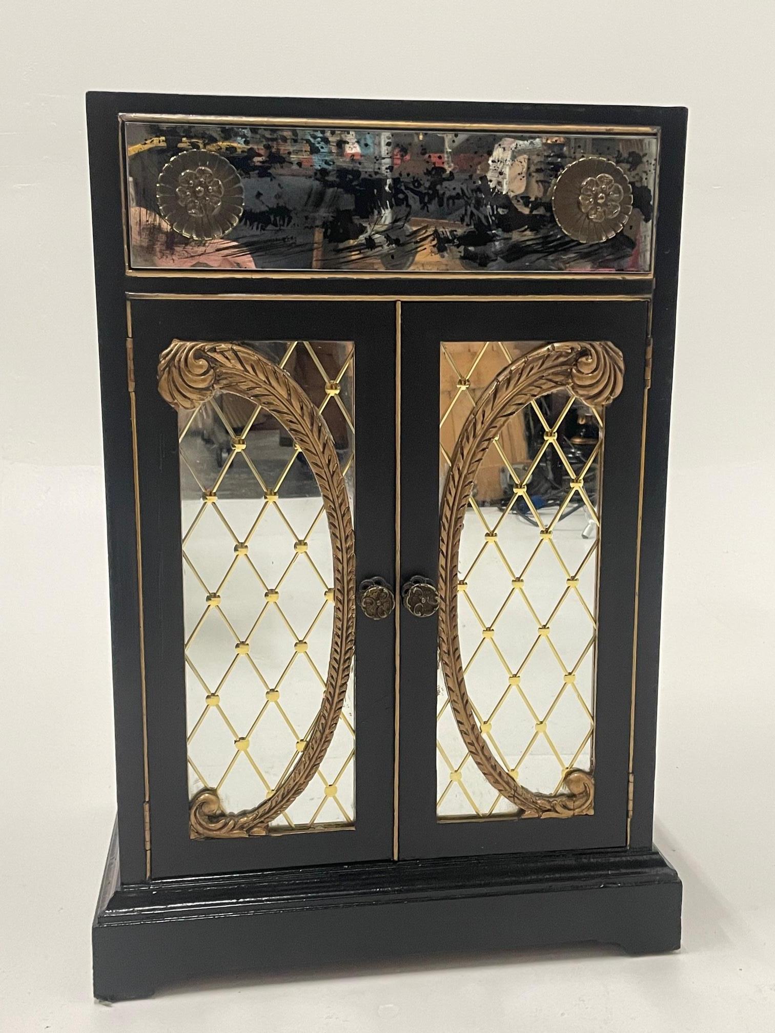 North American Movie Star Black and Aged Mirror Cabinet in the Style of Dorothy Draper For Sale
