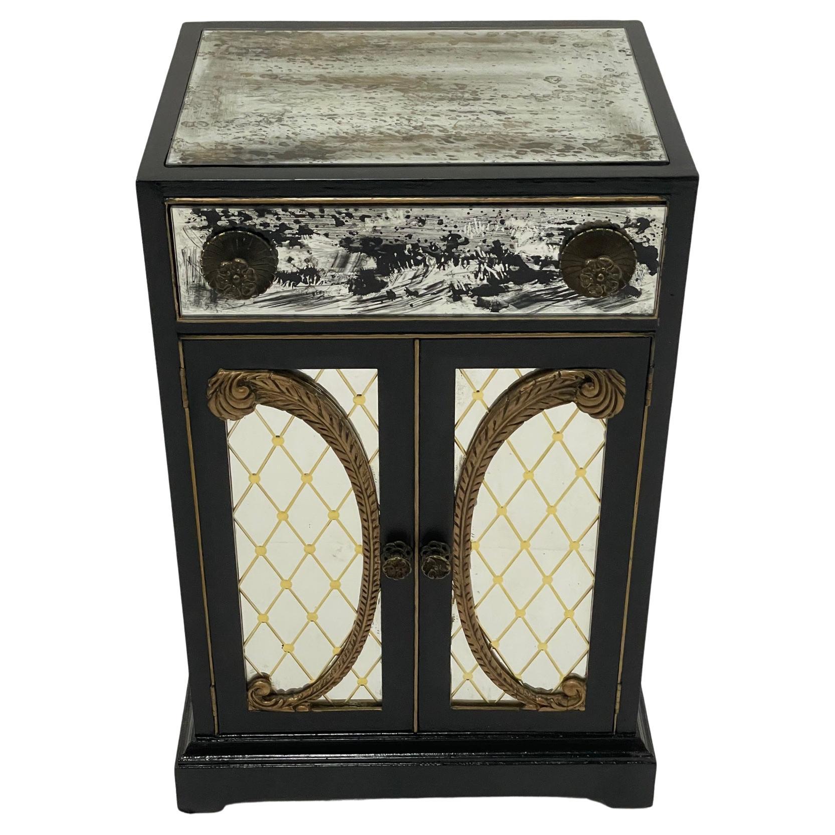 Movie Star Black and Aged Mirror Cabinet in the Style of Dorothy Draper For Sale