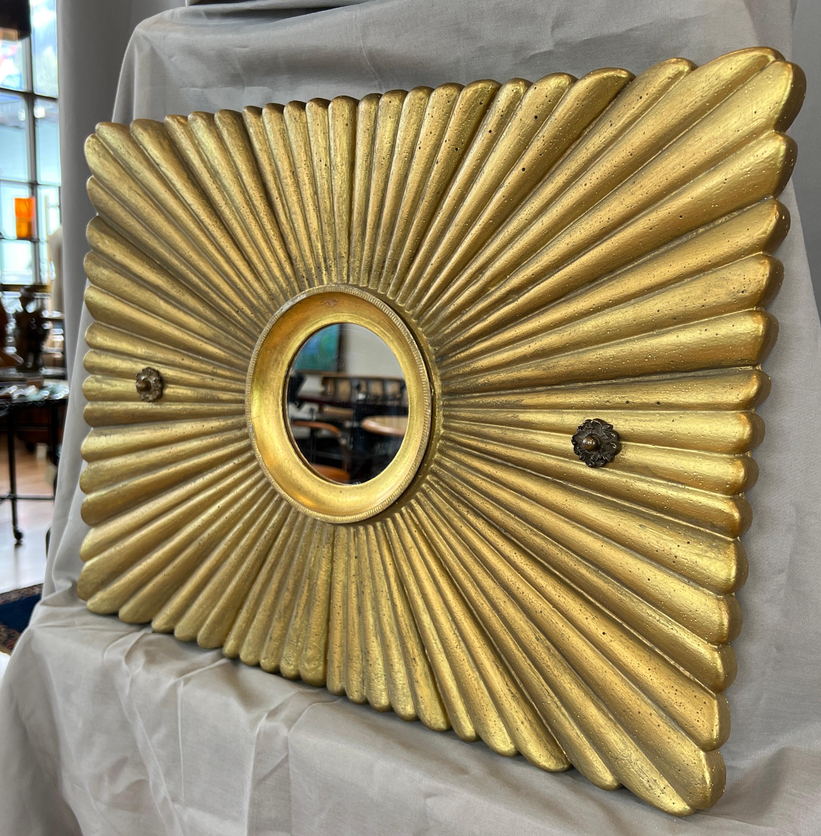 Art Deco Movie Theater Gold Painted Plaster Sunburst Mirror Decoration, C. 1920 For Sale