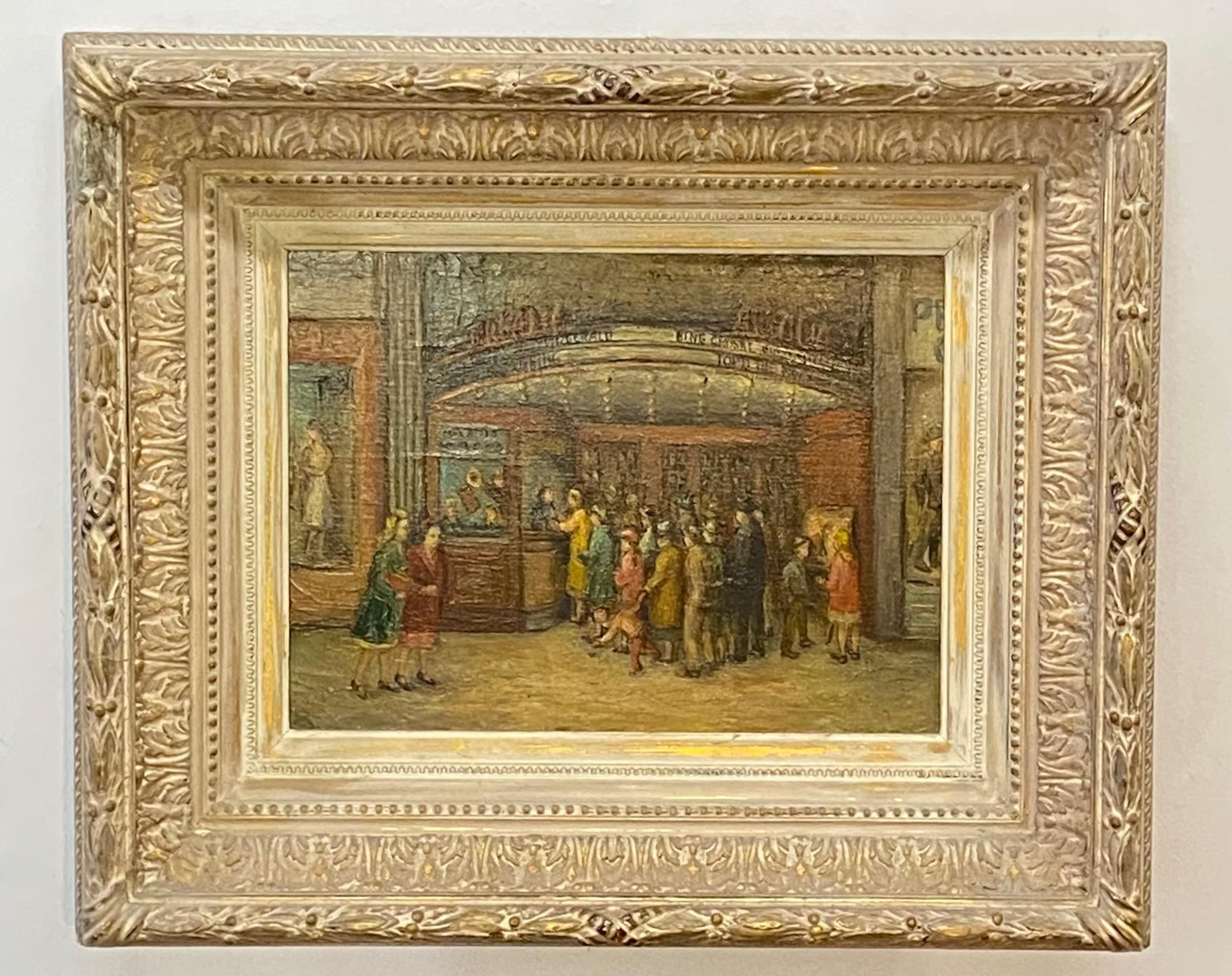 Street scene painting of figures outside of a theater, signed Helen L. Roberts.
Framed oil on canvas.
Helen L. Roberts (b.1884 - d.1994) was active/lived in United States. Helen Roberts is known for Streetscenes.
American, early to mid 20th century.
