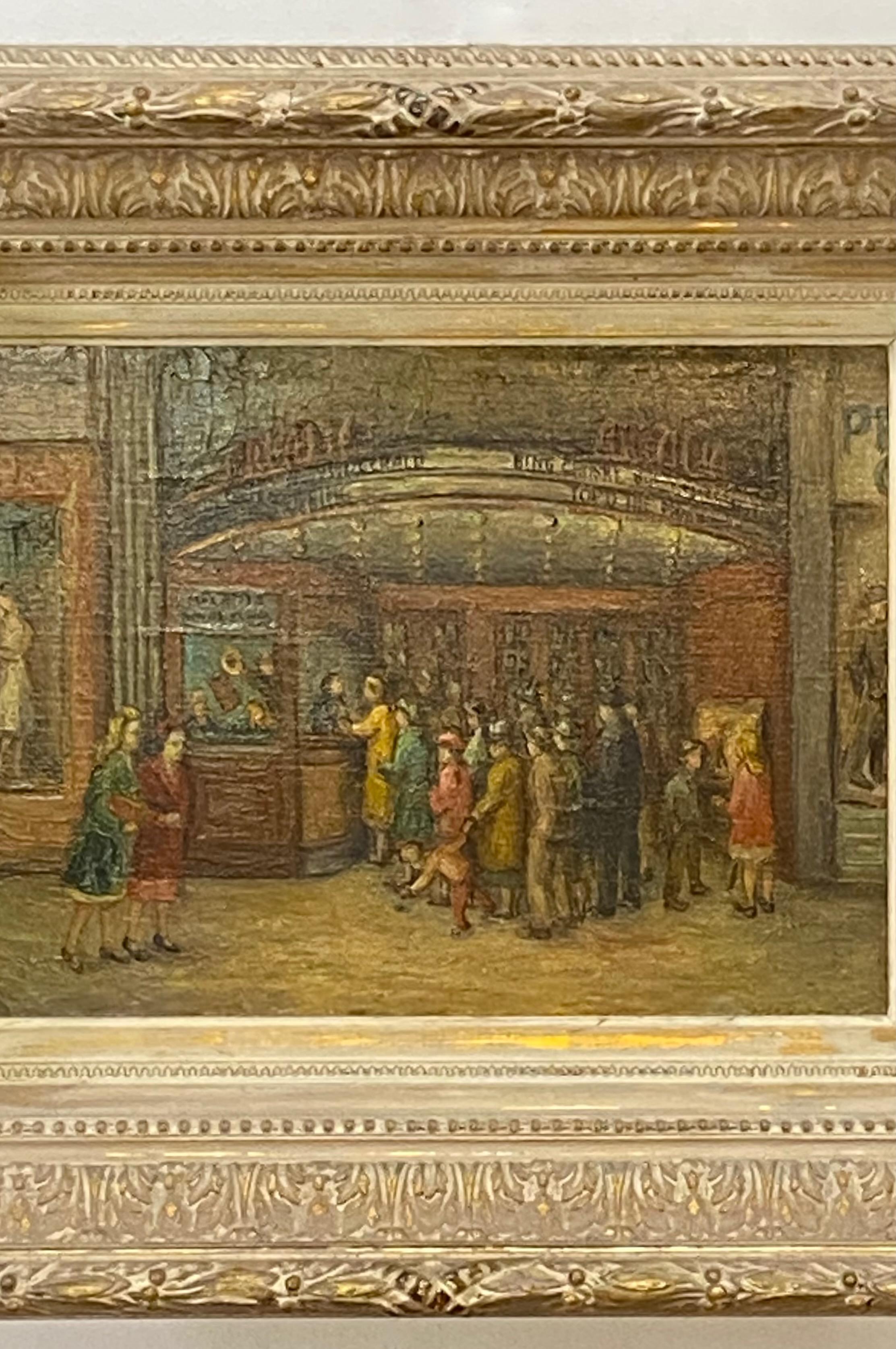 Hand-Painted Movie Theater Street Scene Painting by Helen L. Roberts, 20th Century For Sale