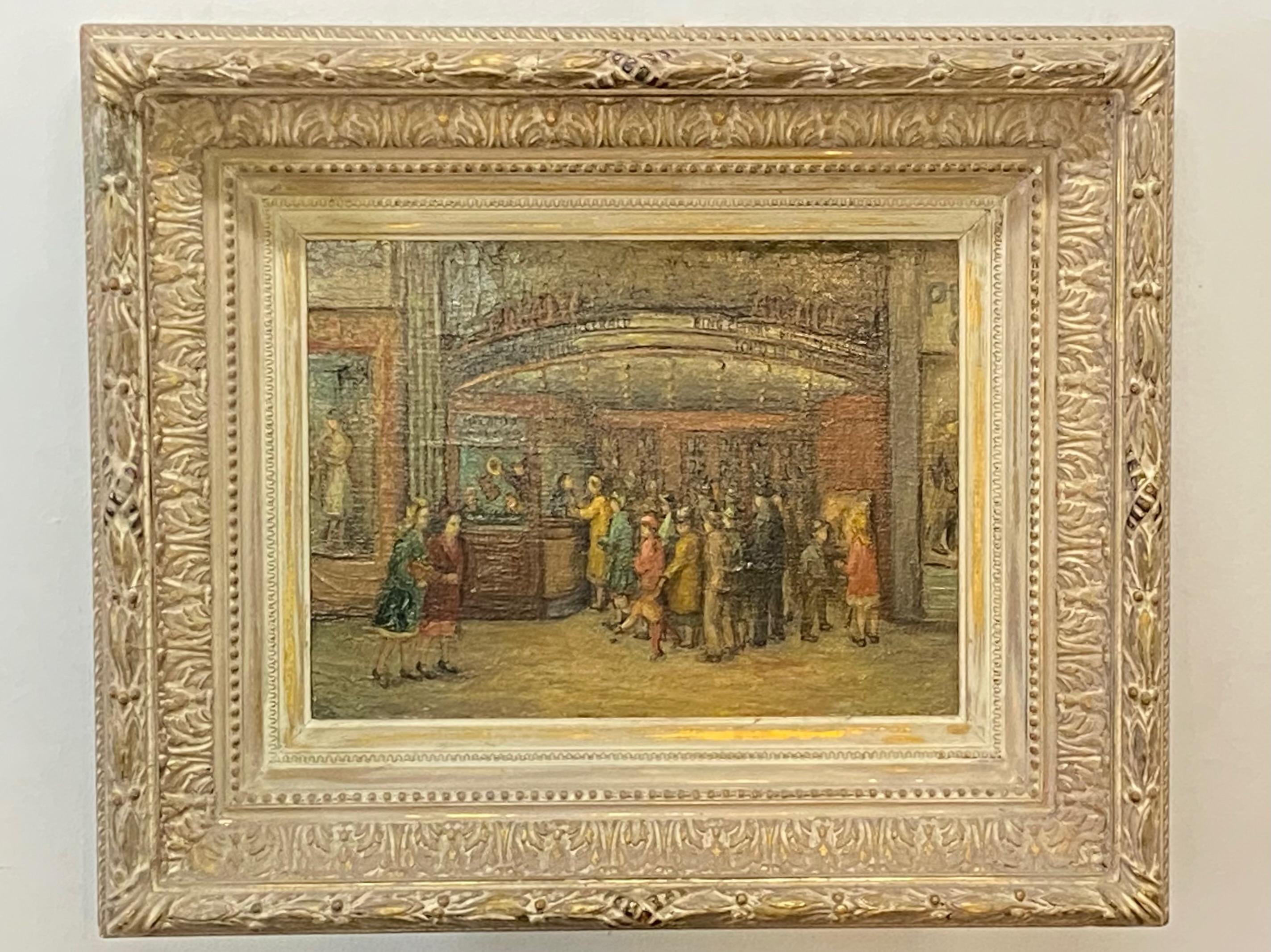 Movie Theater Street Scene Painting by Helen L. Roberts, 20th Century In Good Condition For Sale In San Francisco, CA