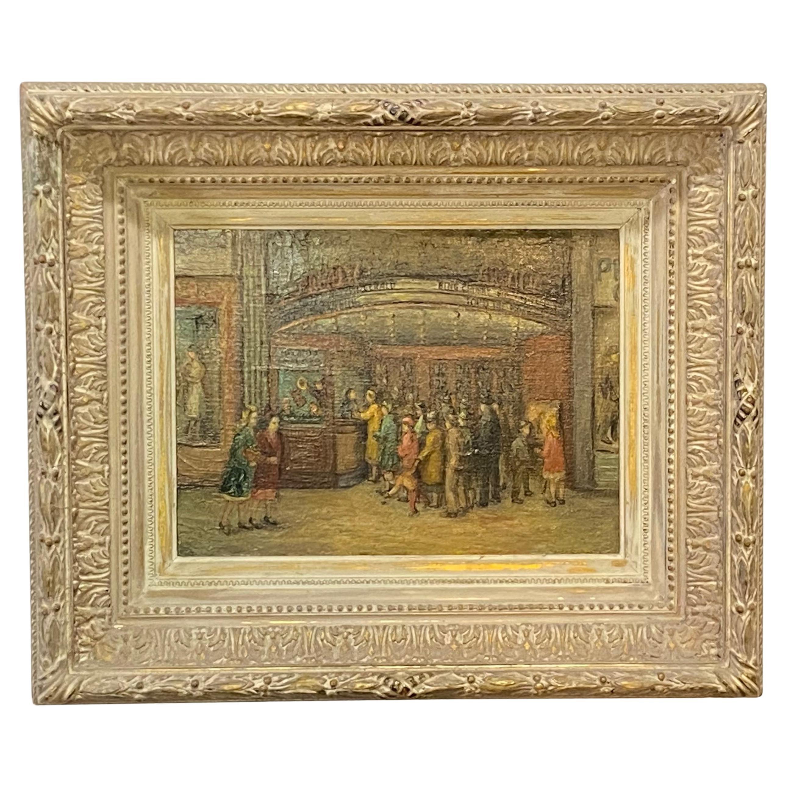 Movie Theater Street Scene Painting by Helen L. Roberts, 20th Century For Sale