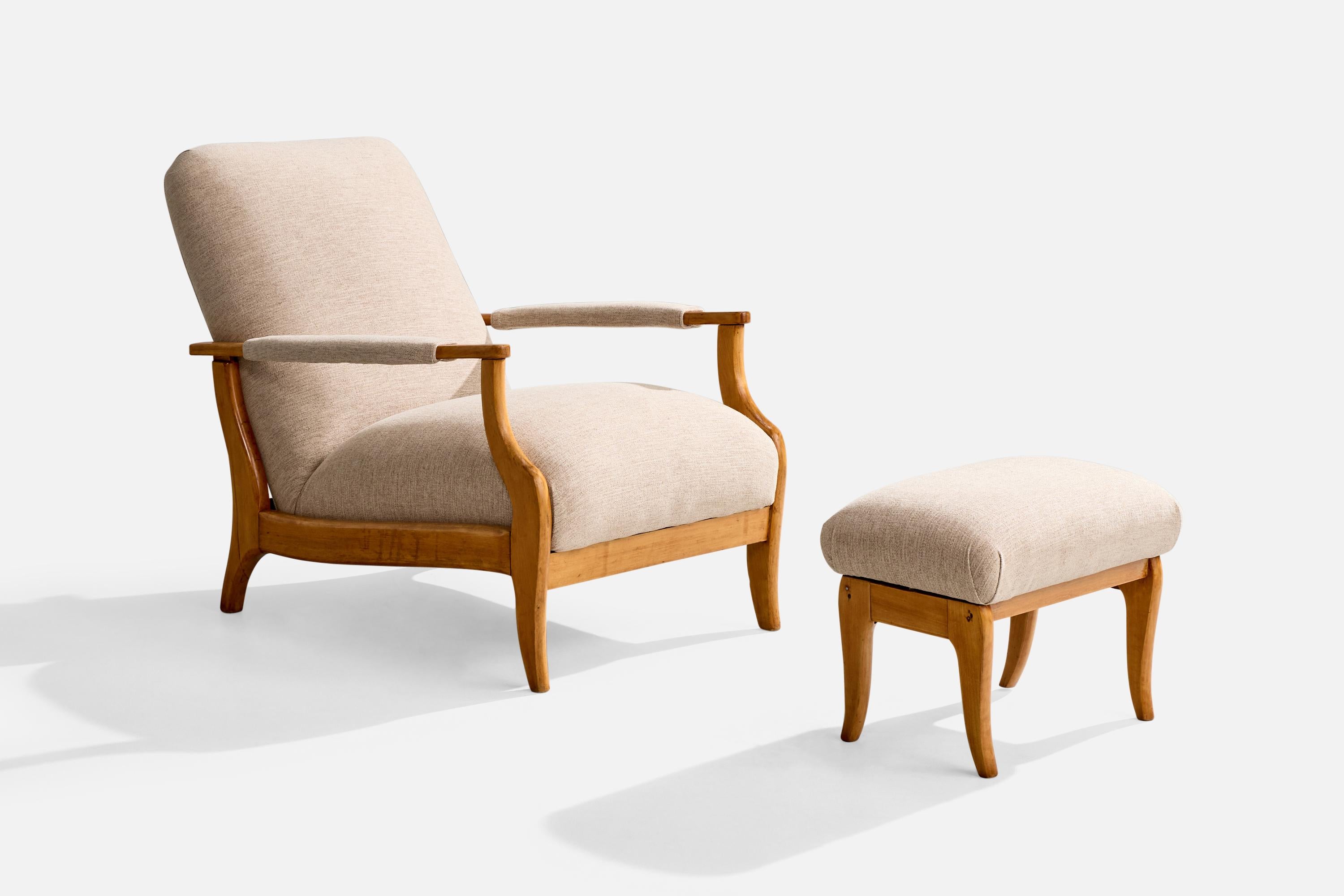 A wood and beige fabric lounge chair with ottoman produced by Movies ITA, Brazil, c. 1950s.

Depth measured without ottoman.

Ottoman Dimensions (inches): 15.5” H x 21” W x 12.75” D

Overall Dimensions (inches): 32.0