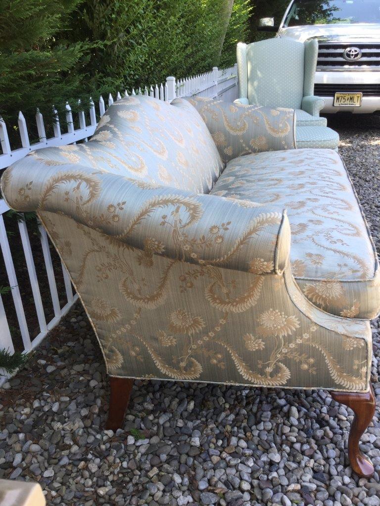 Queen Anne Moviestar Glam Blue Silk Camelback Settee Loveseat with Rolled Arms