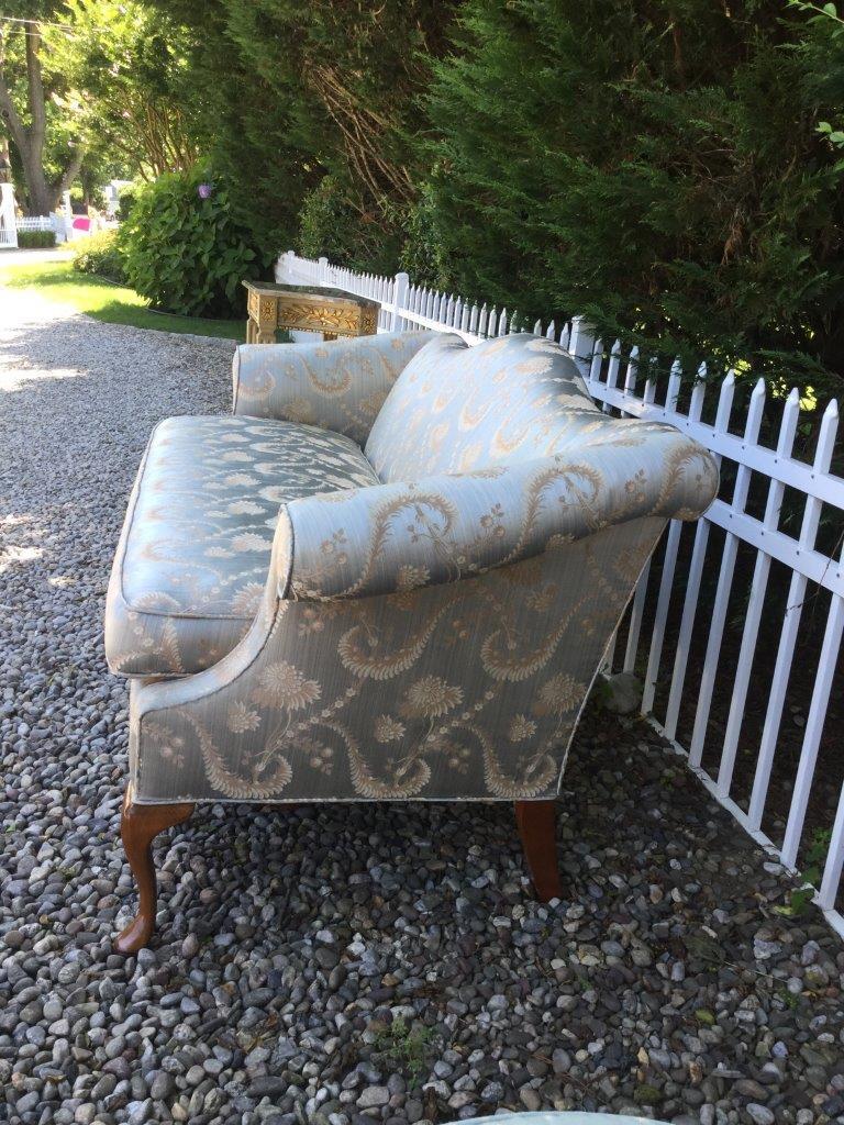 Fruitwood Moviestar Glam Blue Silk Camelback Settee Loveseat with Rolled Arms