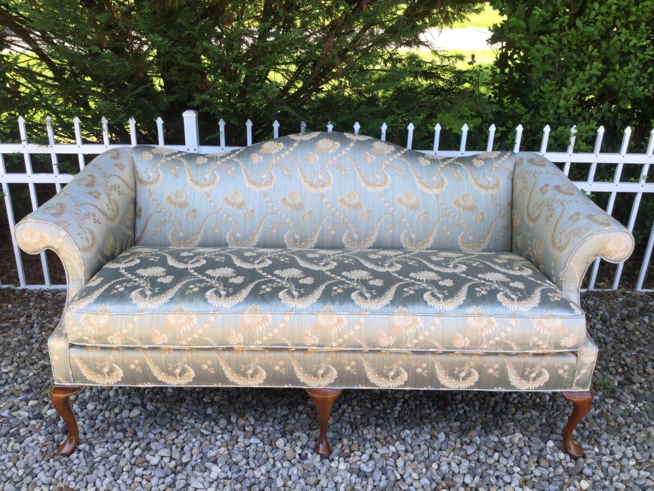 Moviestar Glam Blue Silk Camelback Settee Loveseat with Rolled Arms 1