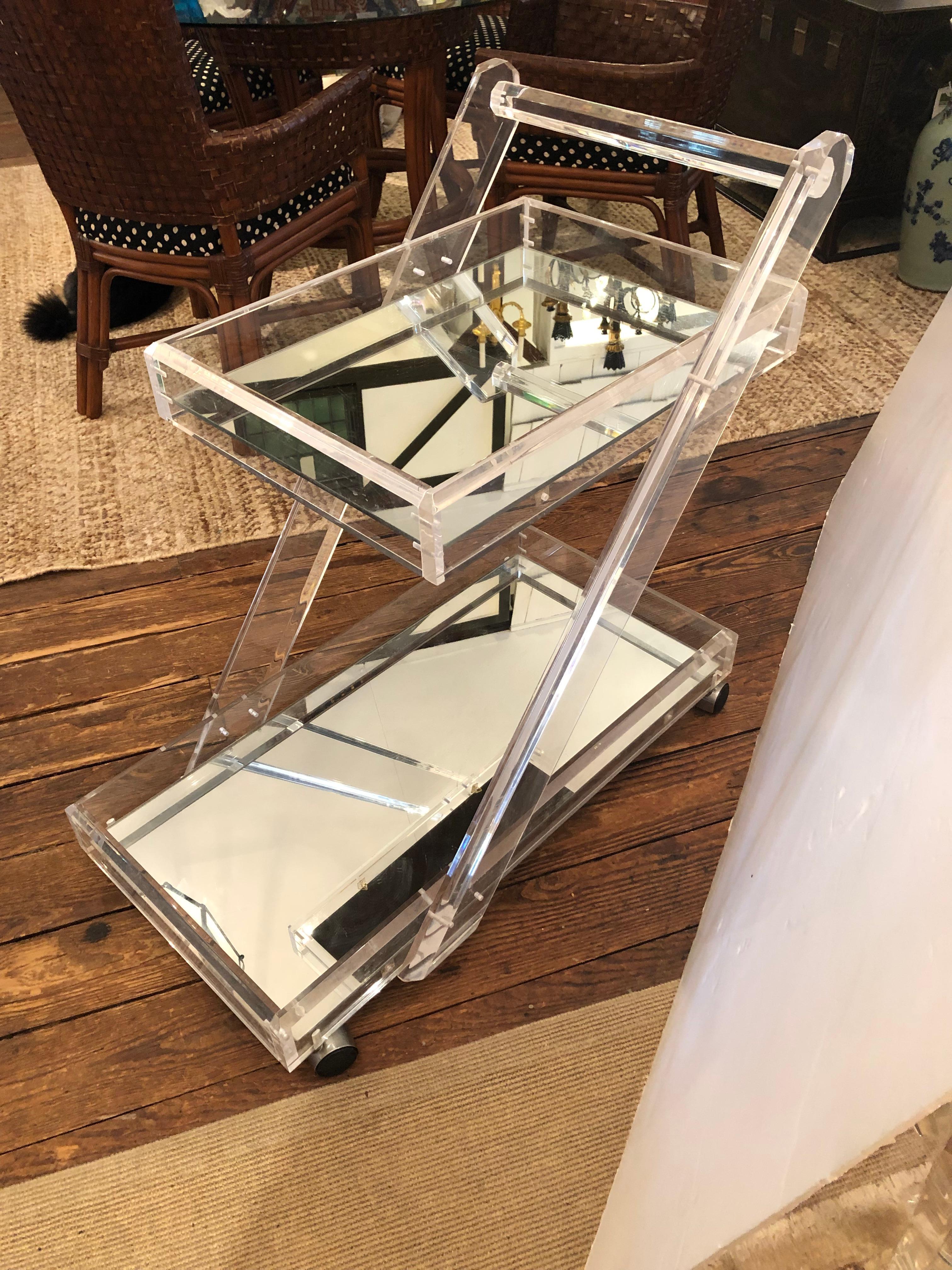 Moviestar Glam Lucite & Mirrored Two Tier Mid-Century Modern Bar Cart For Sale 5