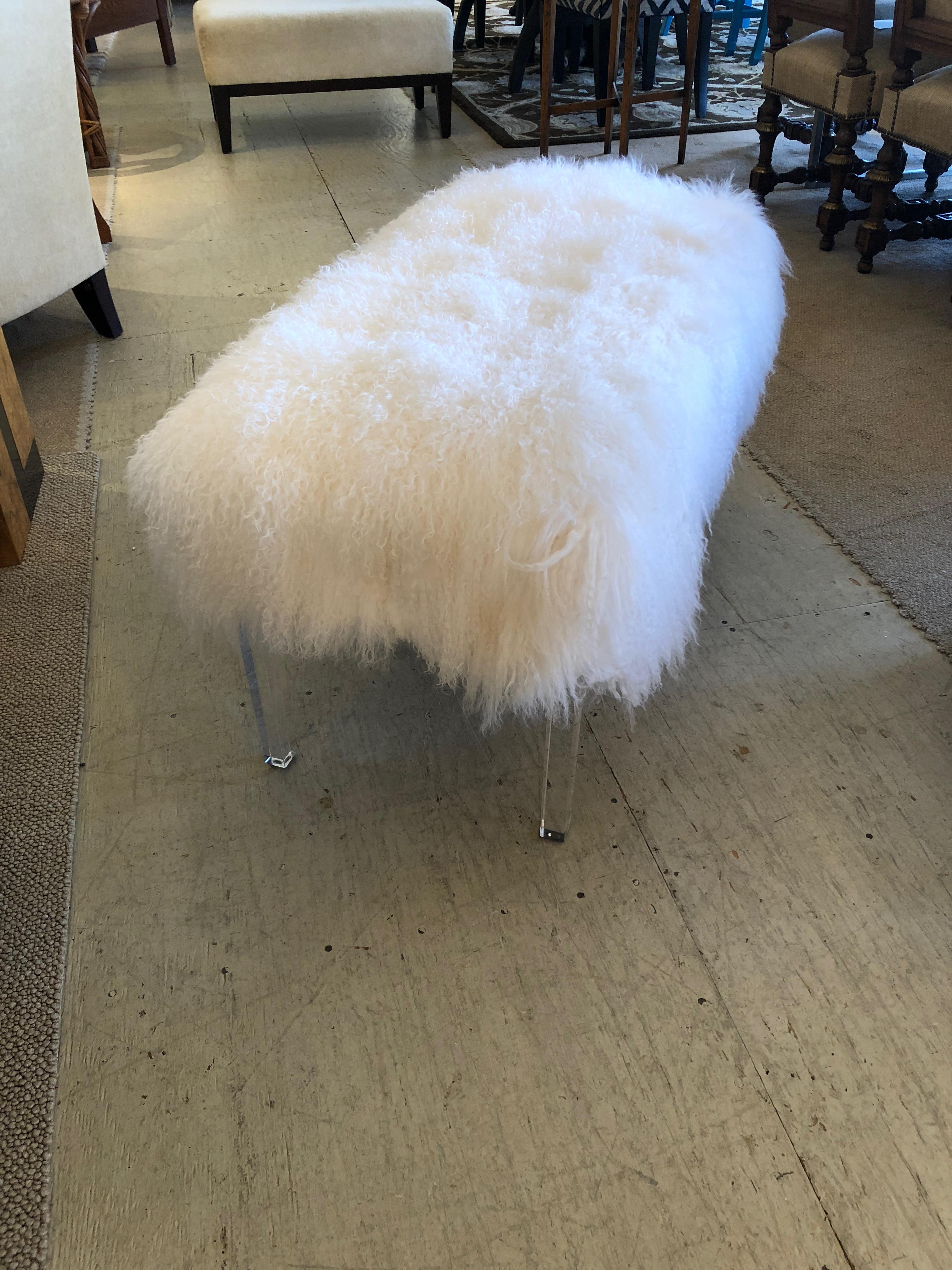 Contemporary Moviestar Glam Mongolian Lamb and Lucite Bench