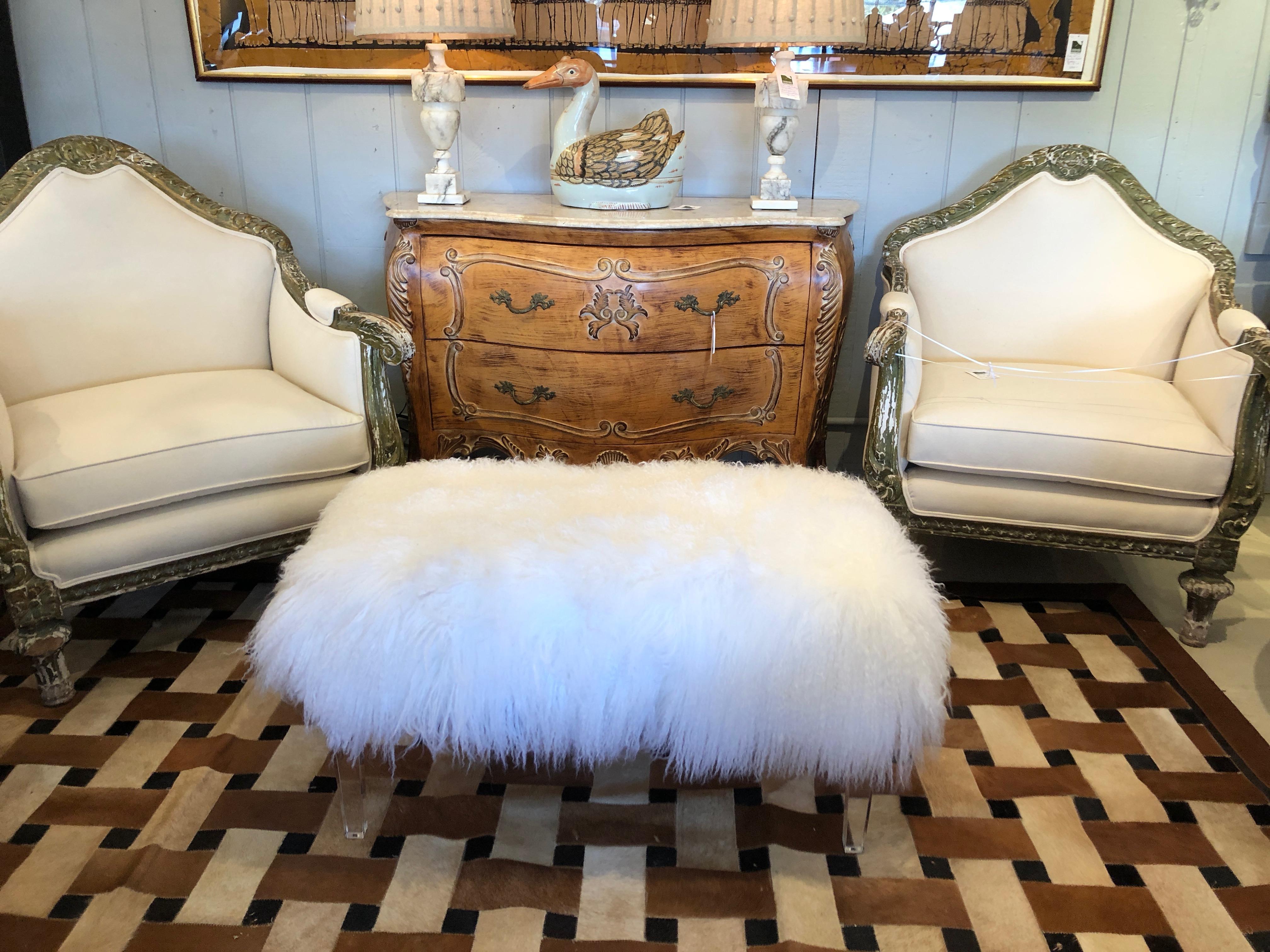 Fur Moviestar Glam Mongolian Lamb and Lucite Bench