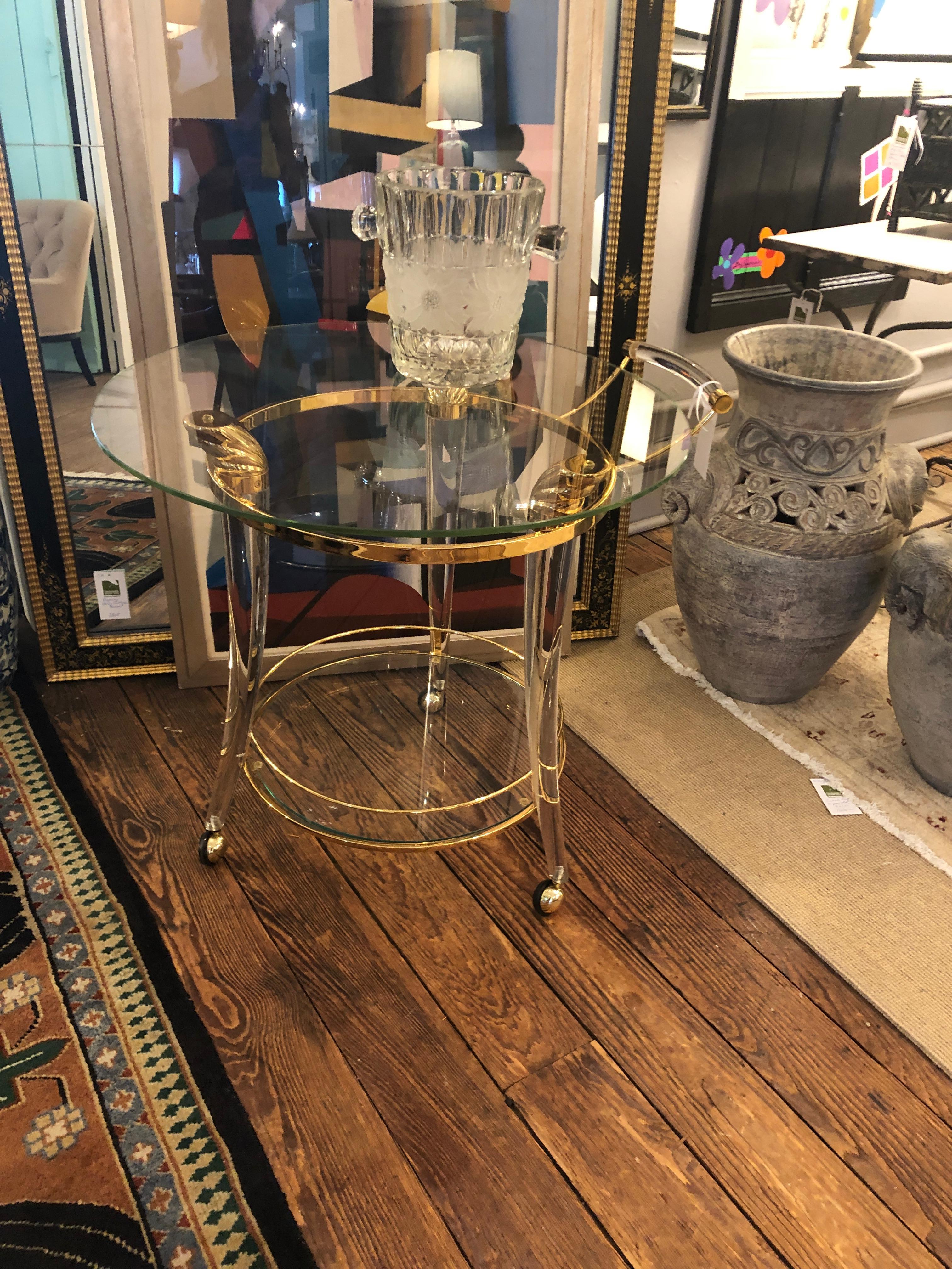 Moviestar Glamorous French Lucite and Gold-Plated Round Bar Cart For Sale 4