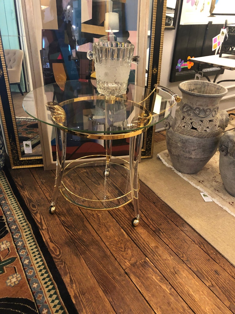 Moviestar Glamorous French Lucite and Gold-Plated Round Bar Cart For Sale 5