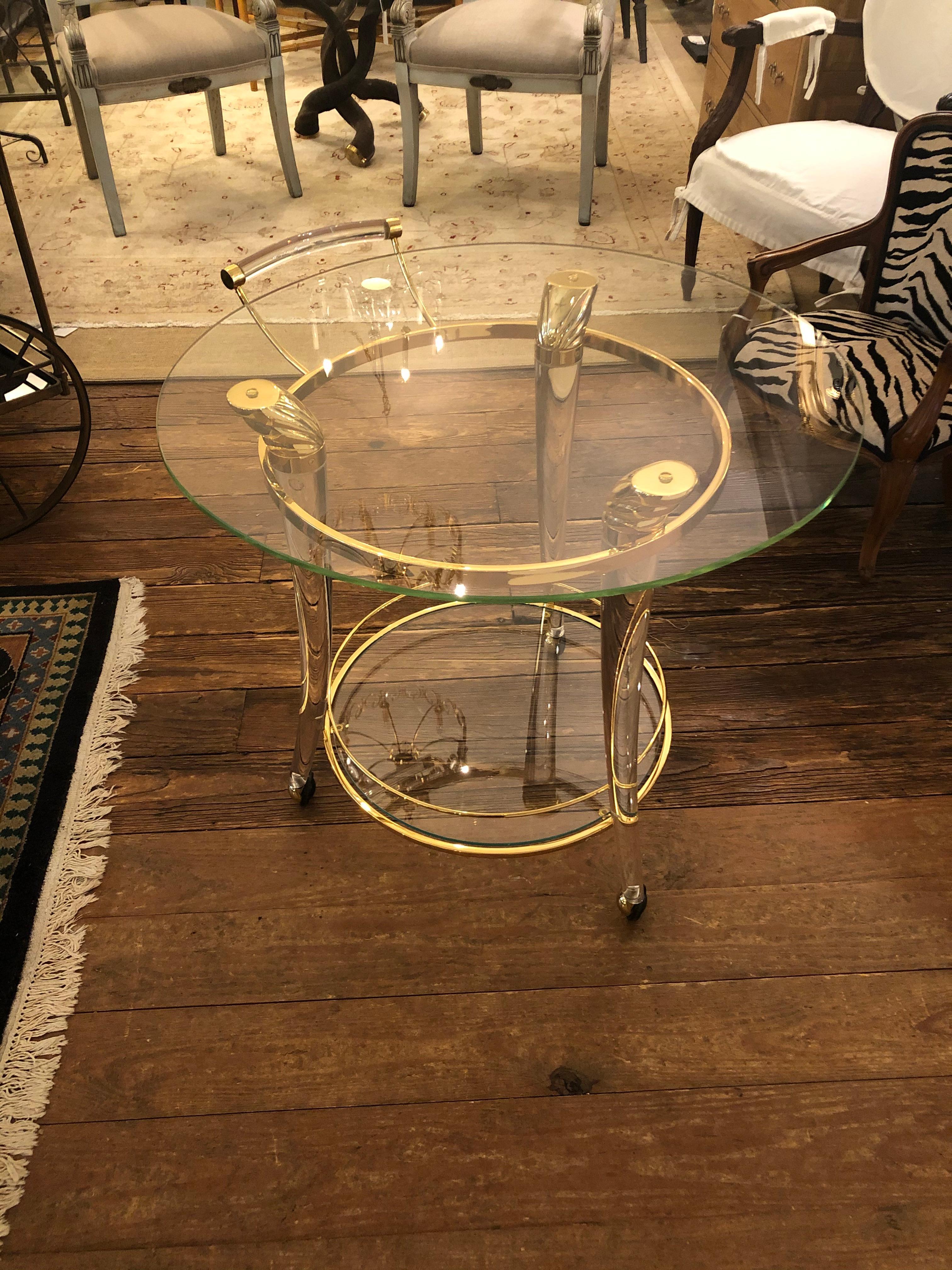 Art Deco Moviestar Glamorous French Lucite and Gold-Plated Round Bar Cart For Sale