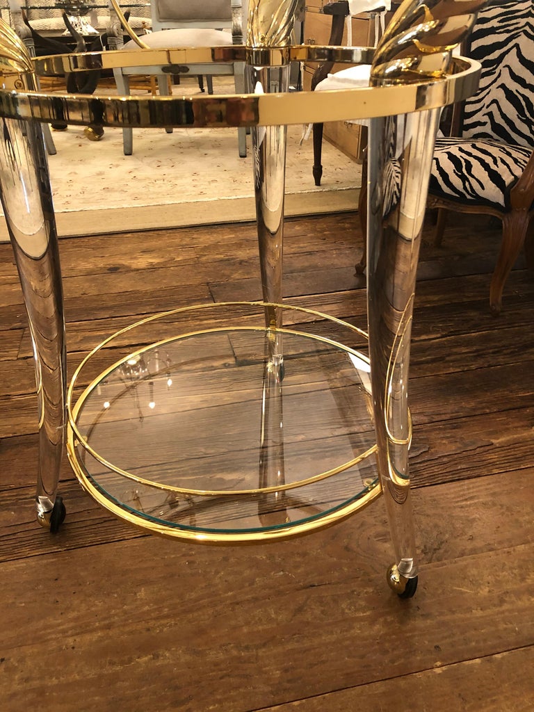 Late 20th Century Moviestar Glamorous French Lucite and Gold-Plated Round Bar Cart For Sale