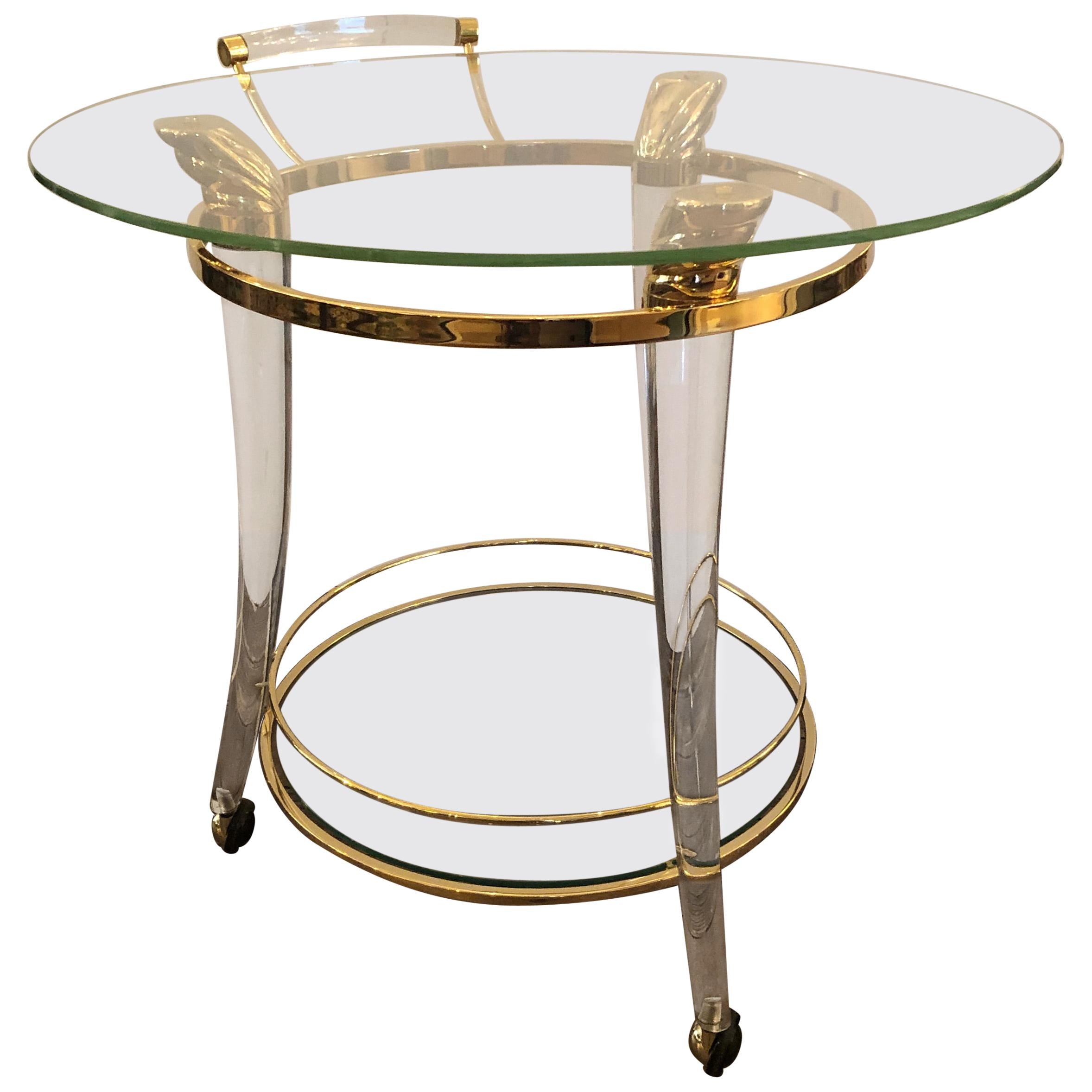 Moviestar Glamorous French Lucite and Gold-Plated Round Bar Cart For Sale