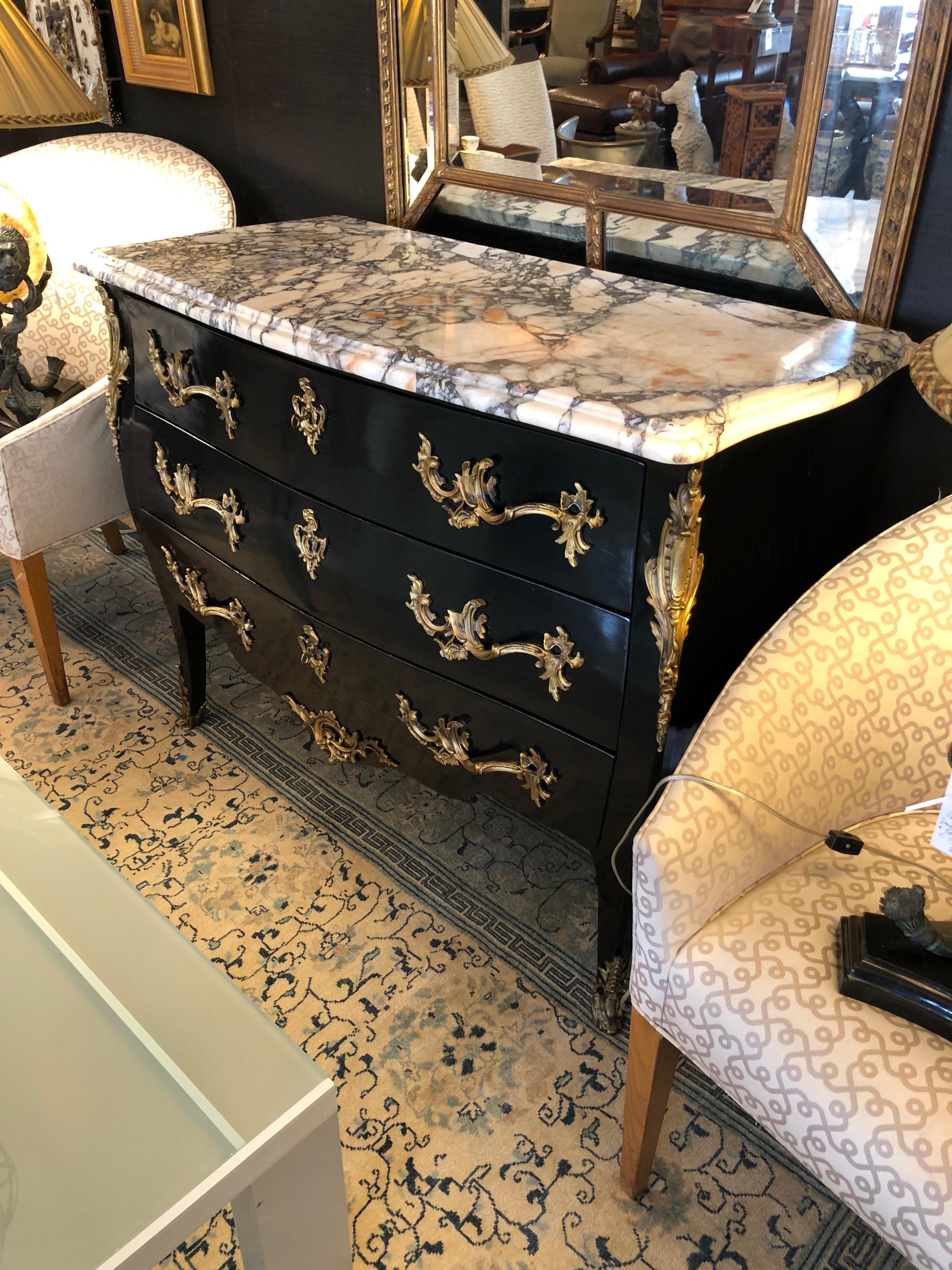 Moviestar Hollywood Regency Black Chest of Drawers with Gorgeous Marble Top 2